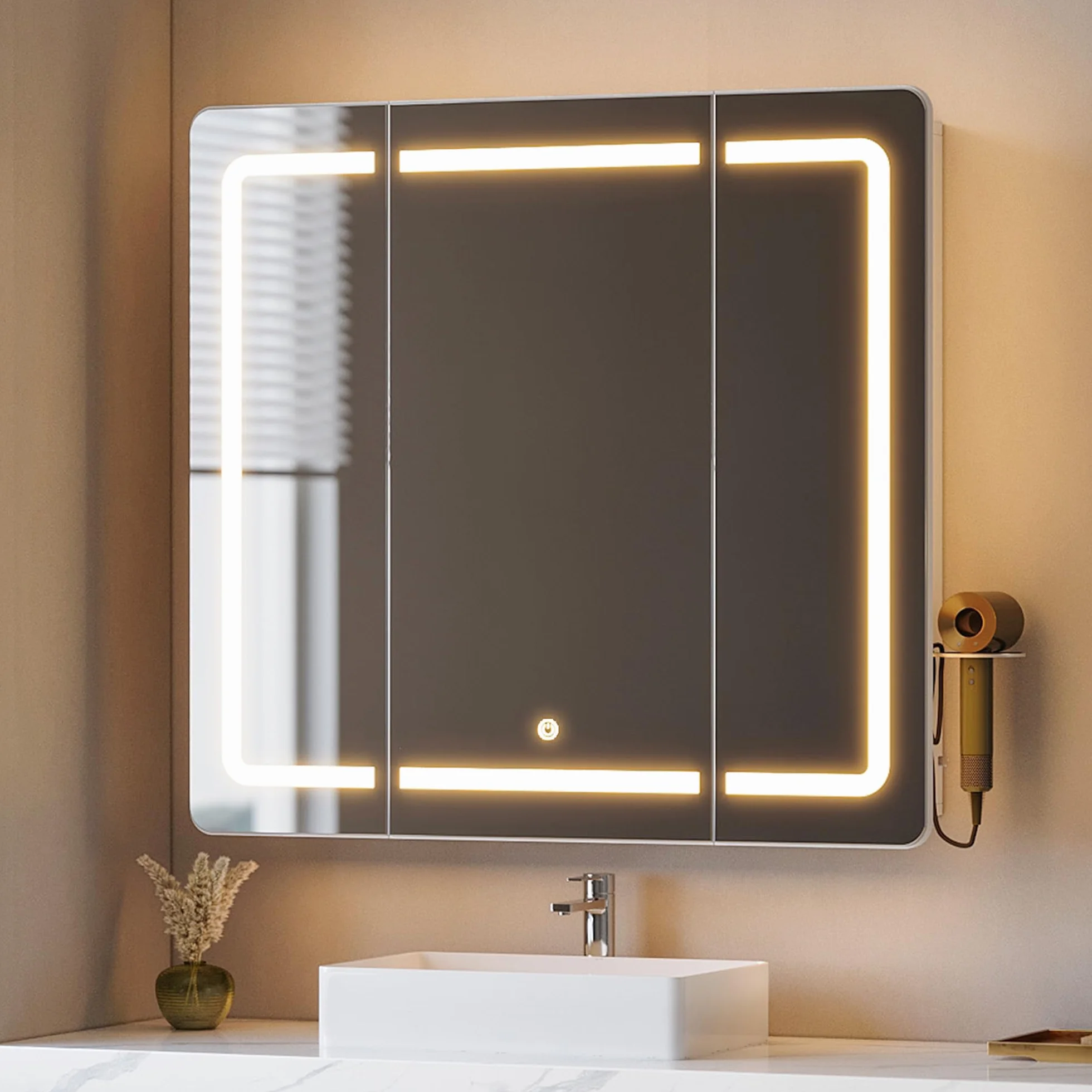 Armario Espejo Baño con Luz LED, Espejo Plegable 3 Puertas, Estantes Ajustables, 16,5x80x75 cm Blanco