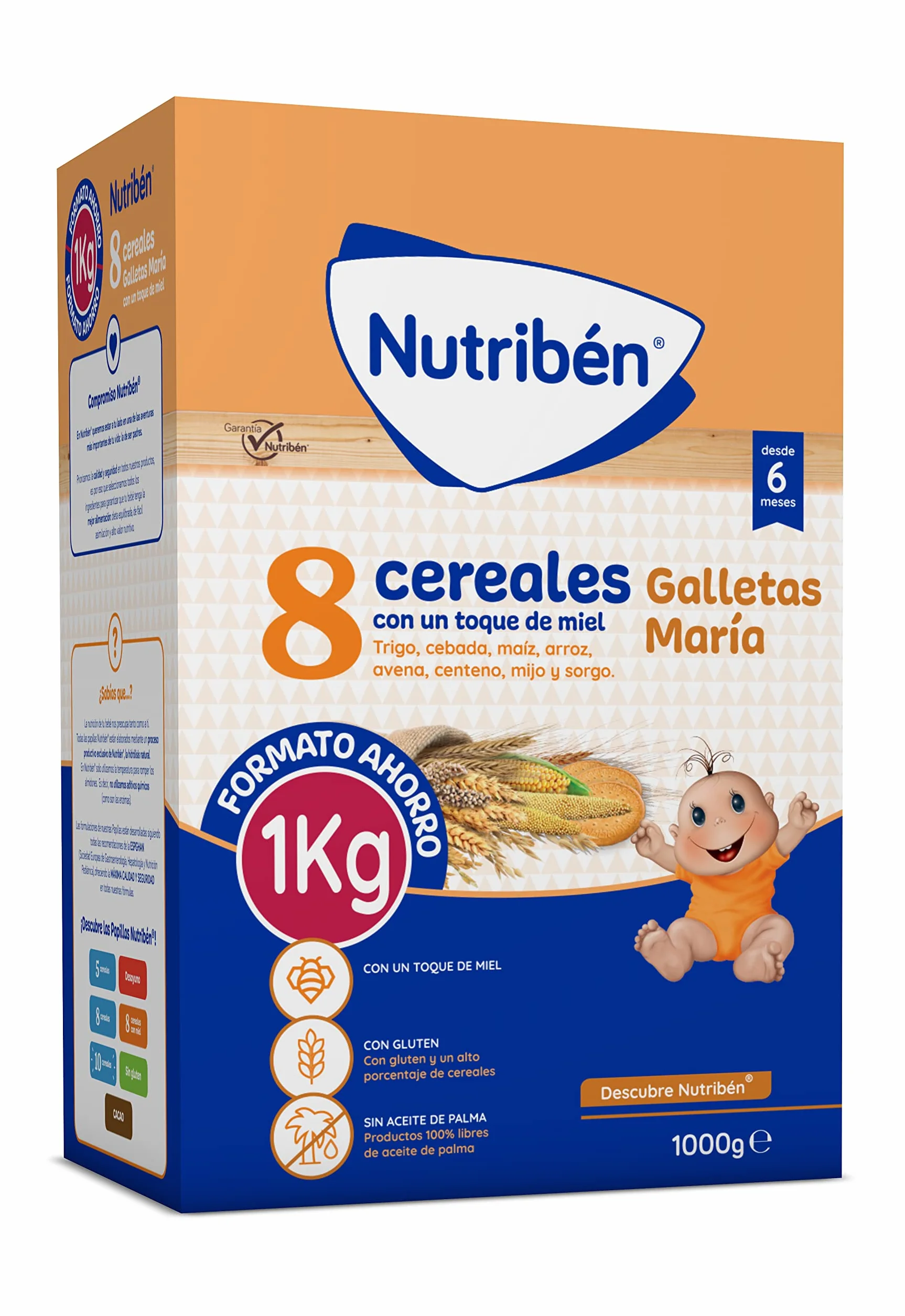 Nutribén Papilla 8 Cereales con Miel y Galletas María 1000g Sin Azúcares Añadidos Alimento para Bebés 6 Meses