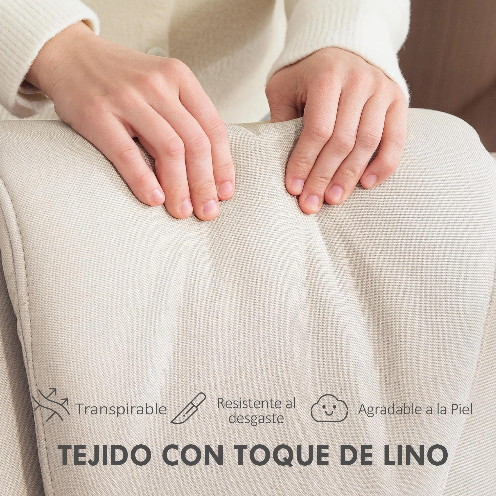 HOMCOM Sillón Relax Reclinable con Reposapiés Butaca de Salón Giratoria Tapizado en Lino con Base de Madera Butaca para Dormitorio Sala de Estar Beige