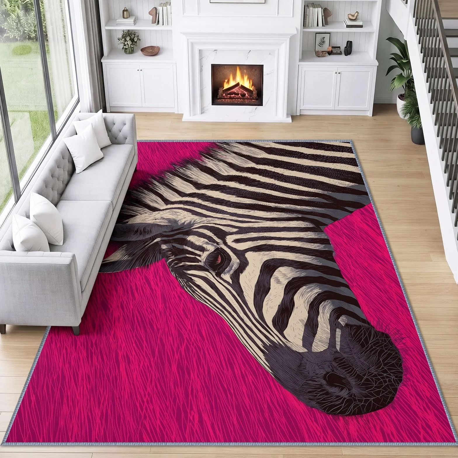 Alfombra de área con estampado animal para sala de estar, 140 x 200 cm, cabeza de cebra, lavable a máquina, alfombra para dormitorio, suave, pelo corto, antideslizante, alfombra clásica para comedor