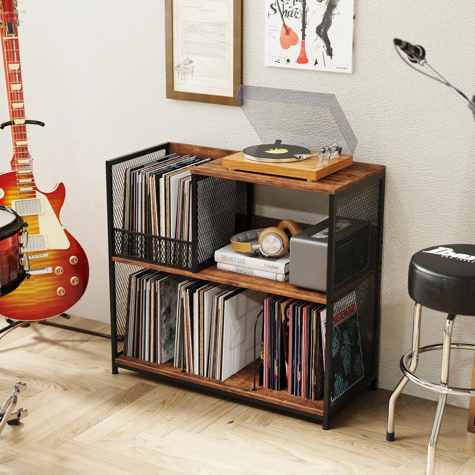 KOMFOTTEU Soporte para Tocadiscos de 3 Niveles, Mesa Auxiliar para hasta 300 Álbumes, Mueble para Tocadiscos con 3 Divisores Extraíbles, Marco de Metal, para Salón, Dormitorio