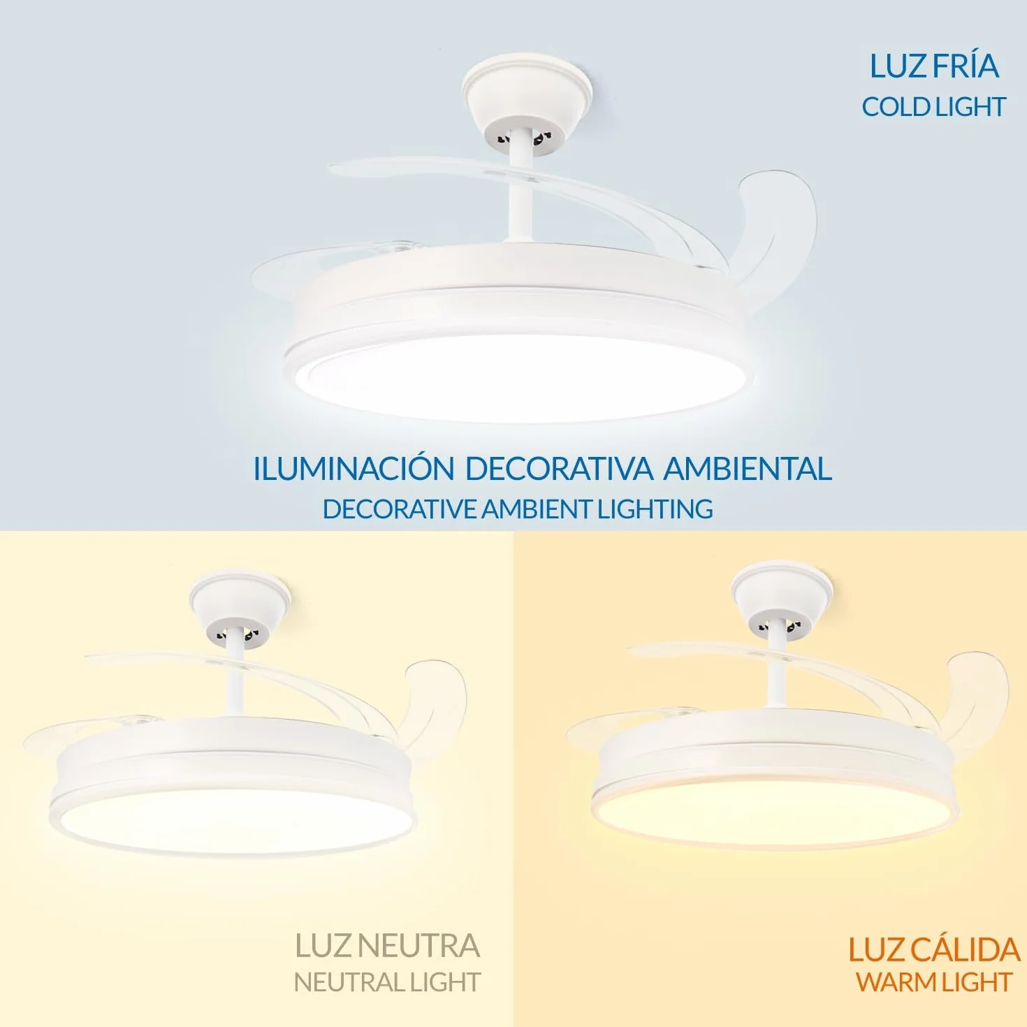White Olga Ventilador de Techo LED 66W CCT Regulable Motor DC 36W Silencioso 6 Velocidades Aspas Retráctiles