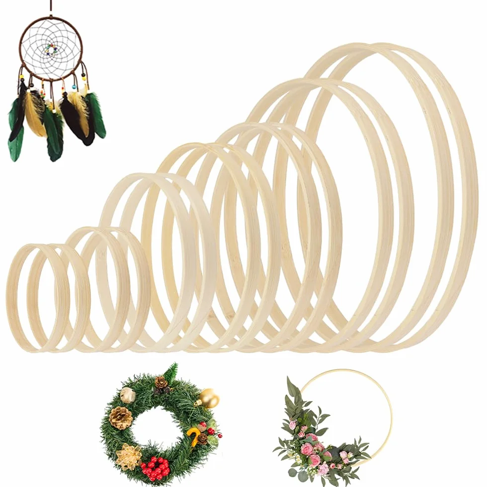 EXIN DECHEN 14 Piezas Aros de Madera Bambú para Manualidades, 7 Tamaños Anillos de Madera de Bambú, Aros Madera para Atrapasueños, Anillos Macramé Aro Manualidades para Atrapasueños, Guirnalda de Boda