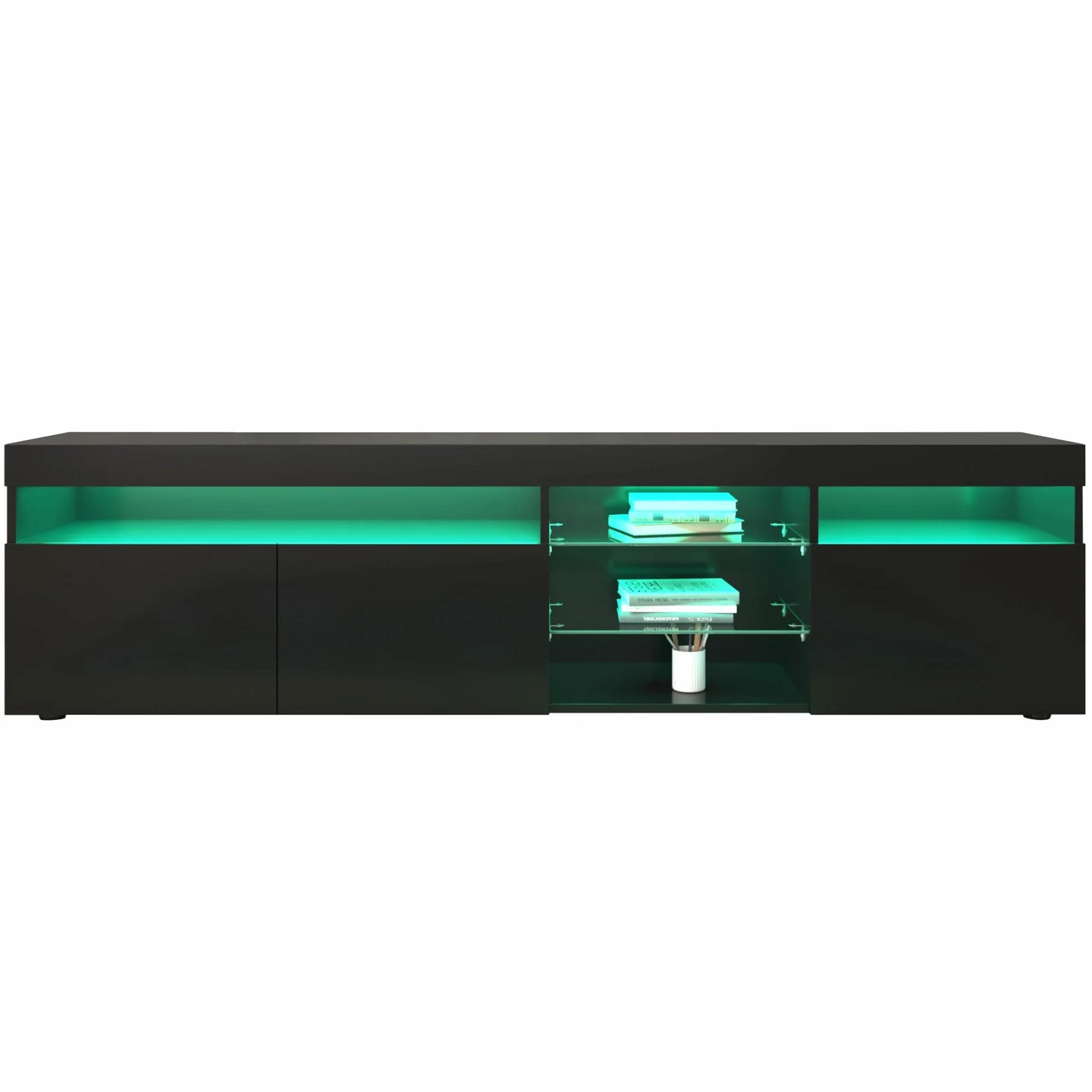 Azkoeesy Mueble TV con iluminación LED, 180 cm, Mueble de televisión, 3 Puertas y Estante de Cristal, Negro Brillante