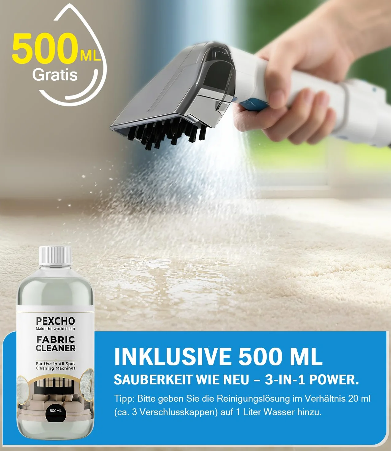PEXCHO Limpia tapicerias 550W, Aspiradora de agua tapiceria para Alfombras, Sofás y Coche, Aspiradora de agua contra Manchas, Limpiador de tapicerias 18kPa con Autolimpieza, JJB-718
