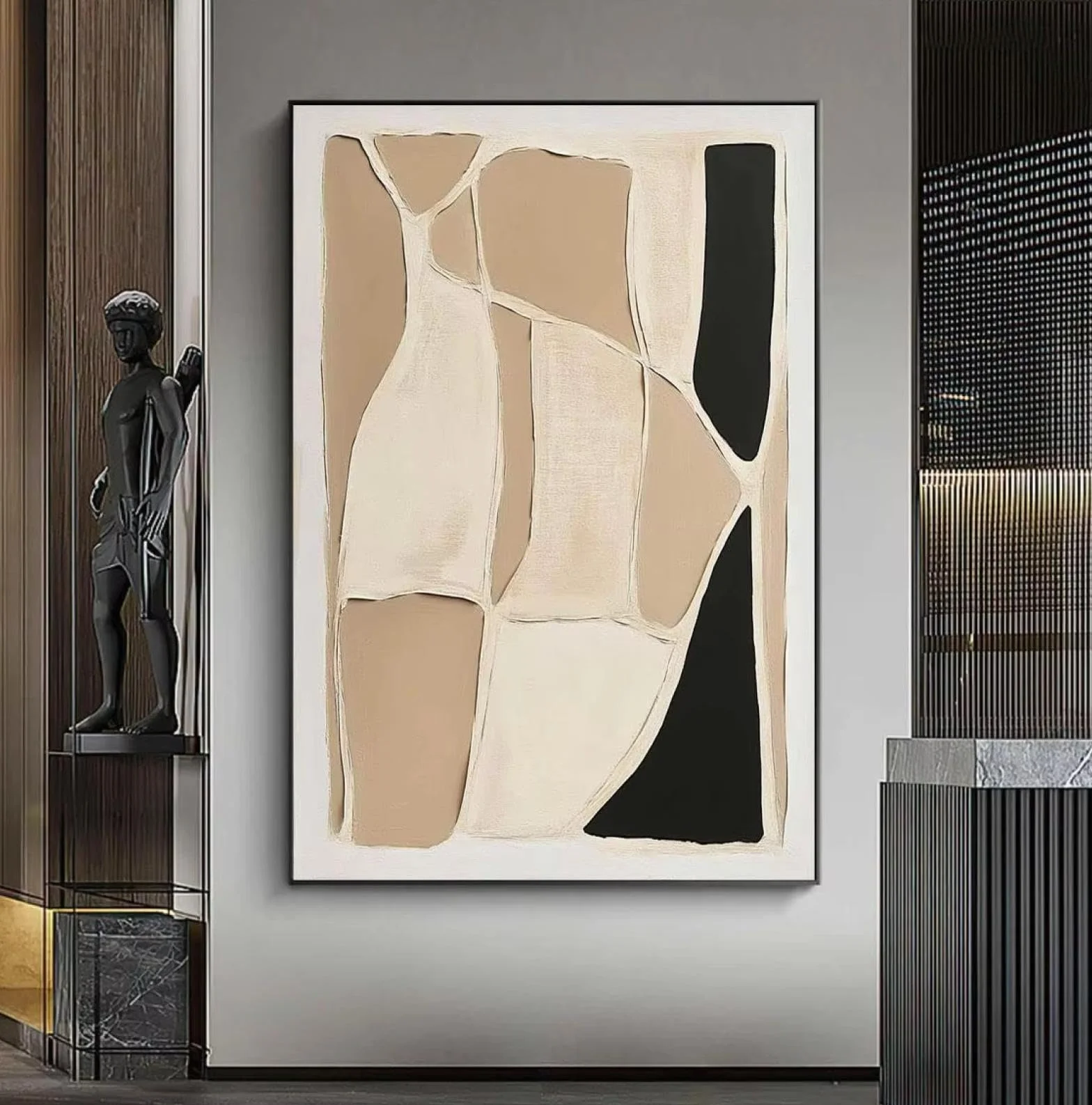 Lienzo enmarcado con impresión artística para pared, pintura abstracta, arte minimalista para sala de estar, negro y beige, decoración moderna para el hogar, 95x130cm(37x51in) con marco