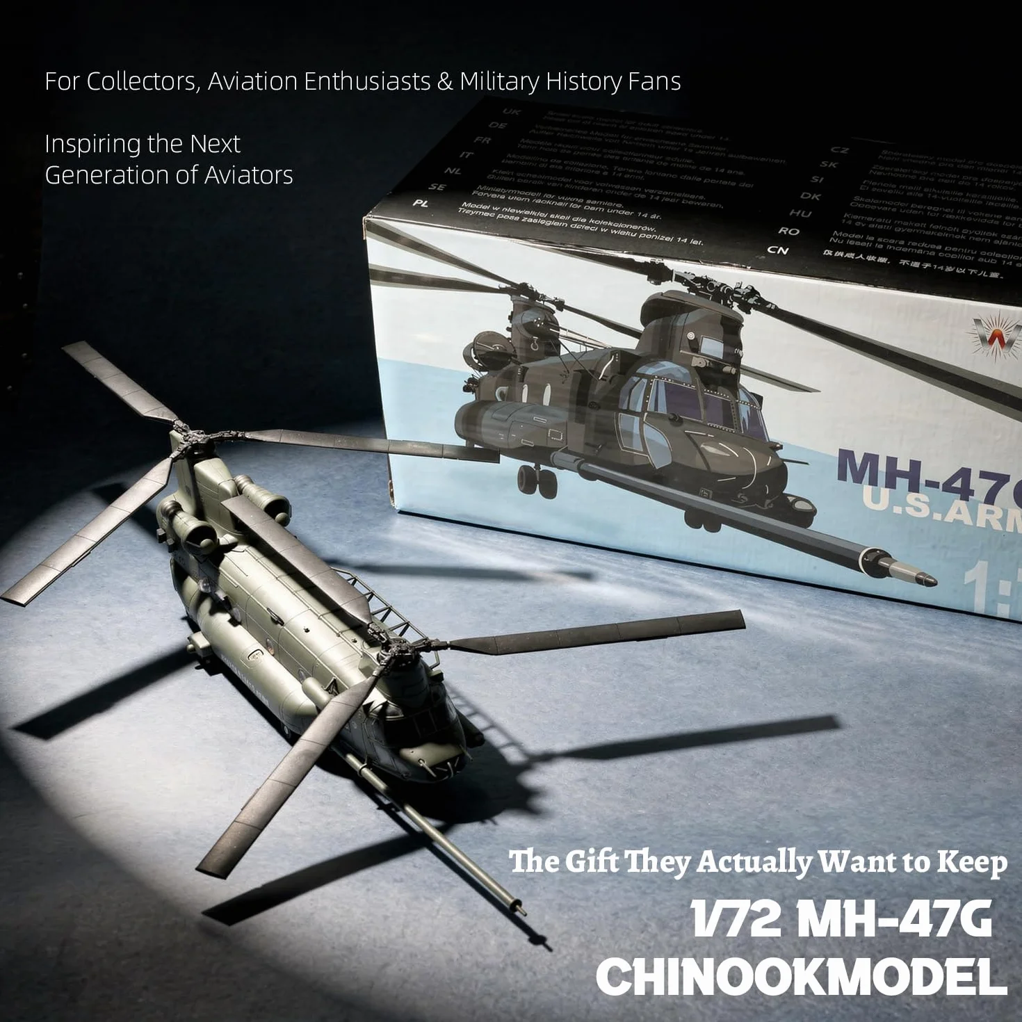 NUOTIE 1/72 MH-47G Chinook - Modelo de helicóptero de elevación pesada, avión militar de metal fundido a presión con rotores desmontables y soporte de exhibición de 15.6 pulgadas, gran escala