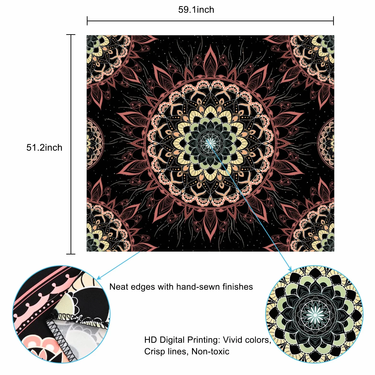 Yugarlibi Mandala Tapiz de Pared Bohemio Rosa Loto 150 x 130 cm