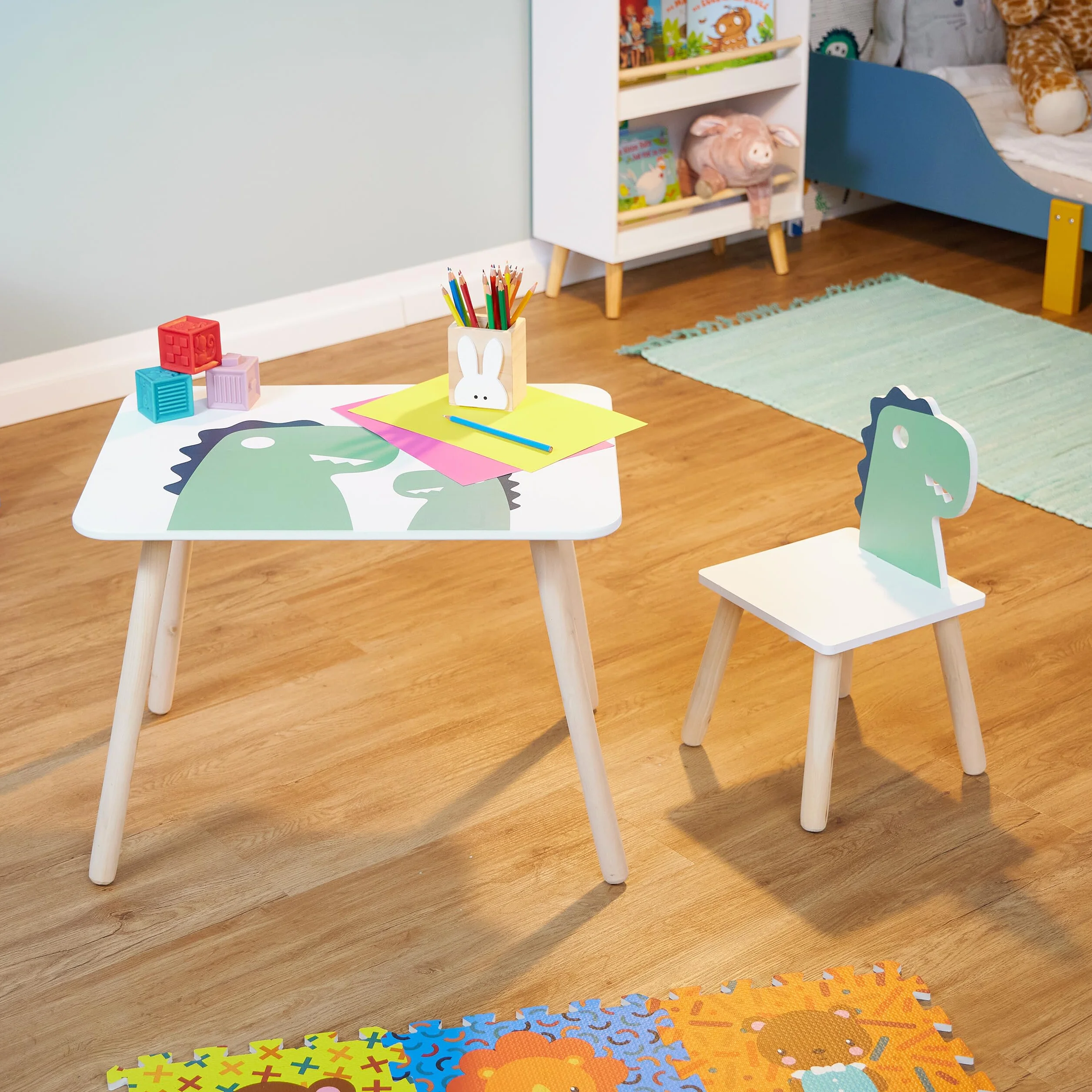 Relaxdays Dinosaurio Mesa y Silla Infantil Set 2 Muebles Dormitorio Blanco/Verde