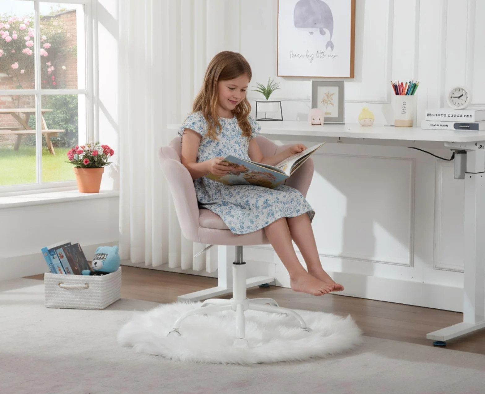 Ya-Home Silla Infantil de Escritorio Silla Giratoria Terciopelo de Estudio,Silla de Oficina Ajustable en Altura para Niños/Juvenil,Rosa Claro