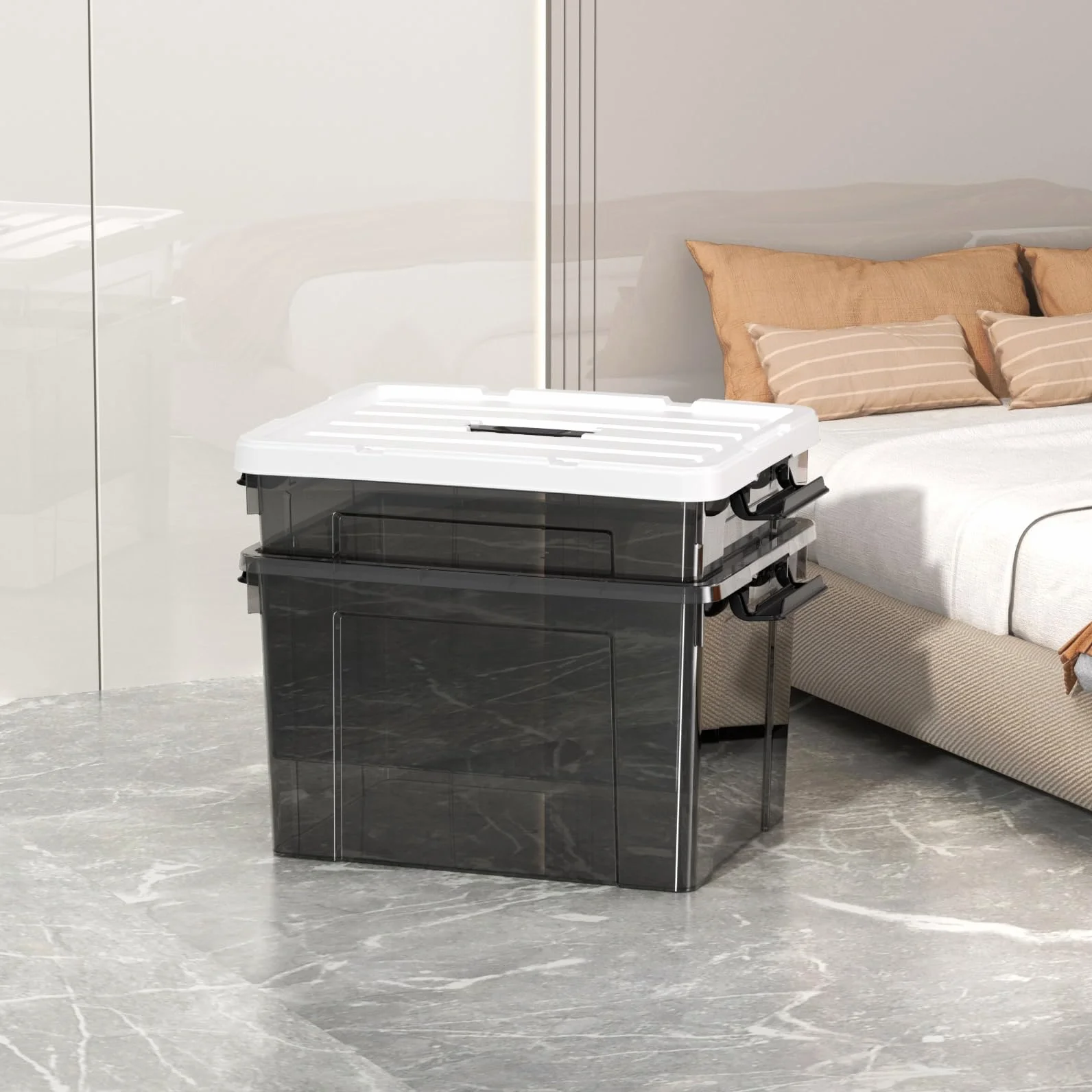 Cetomo Caja de Almacenamiento 45L Plástico con Tapa Paquete de 3 Negro Transparente
