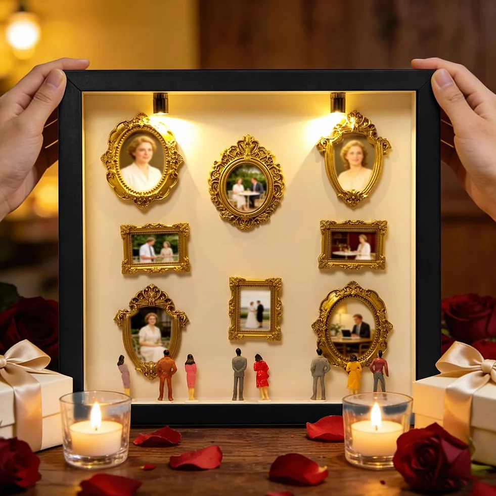 Aolso DIY Mini Museum Silhouette Box, Cuadros Cajas de Sombra de Foto Personalizada con 8 Cifras de Museo y 8 Marcos Dorados, Luces Led, para Decoración del hogar, Aniversarios, Cumpleaños, Negro