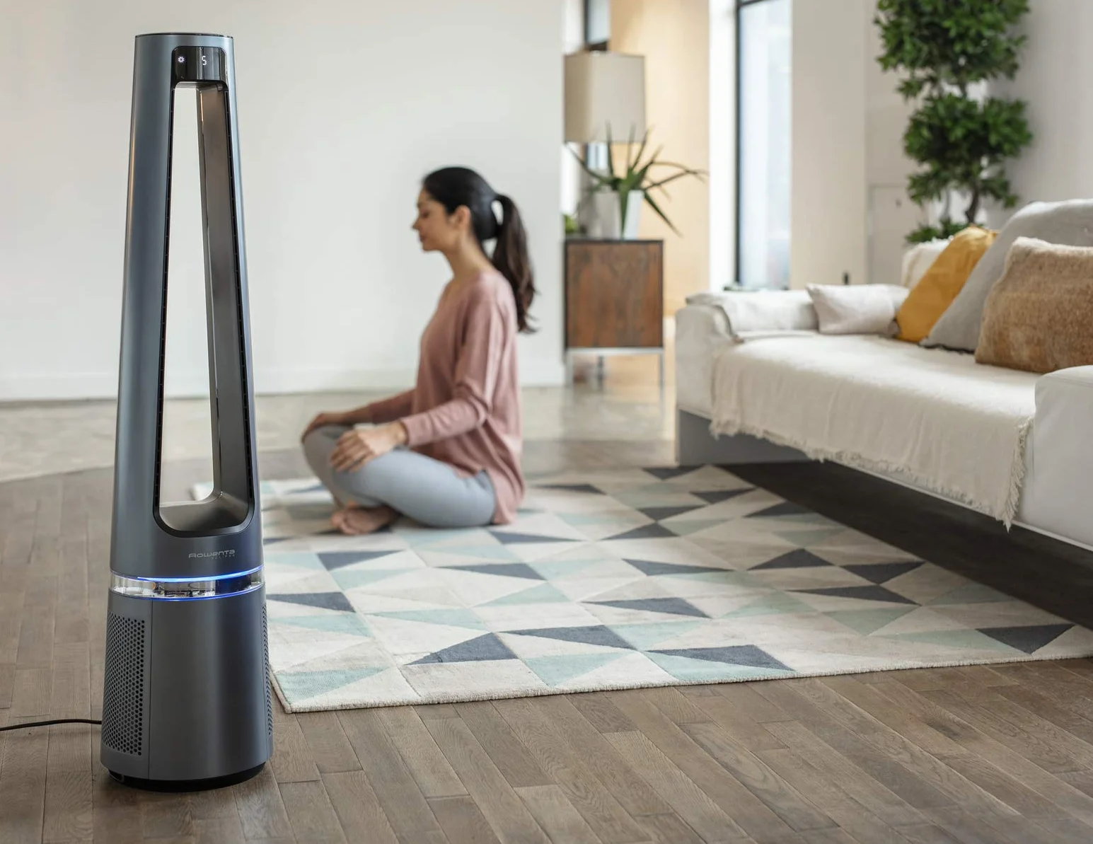 Rowenta 2 en 1 Purificador de Aire y Ventilador, 12 Velocidades, Oscilación, Filtra Partículas Finas hasta el 99,95%, Silencioso, Mando a Distancia, Plata, Eclipse, QU5030