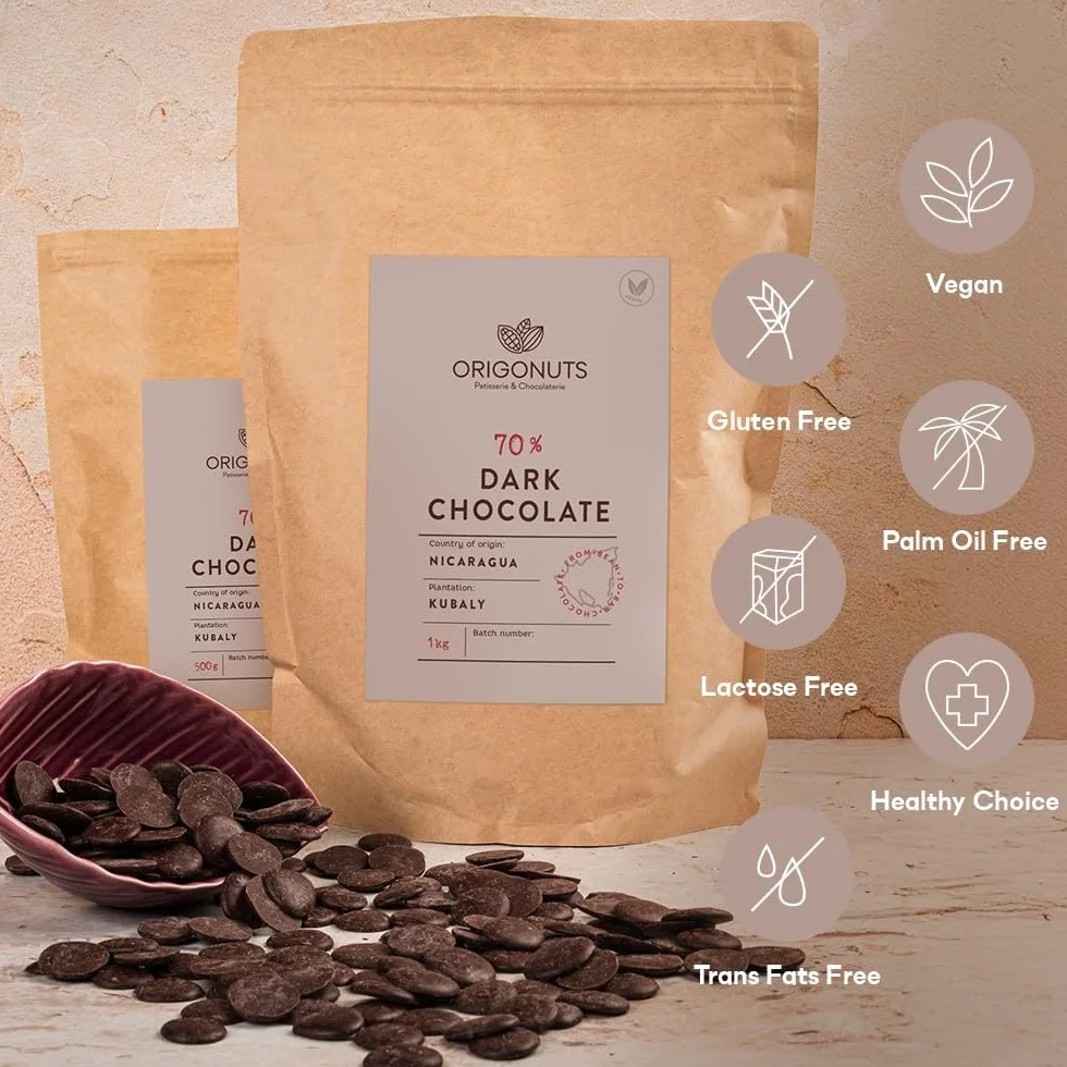 ORIGONUTS Pepitas de chocolate 70% chocolate negro Nicaragua 1kg para fundir