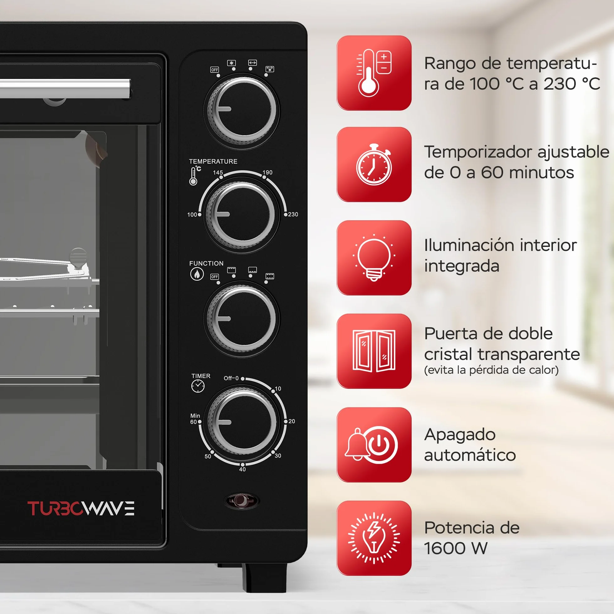 TurboTronic Horno de Convección 35L 1600W con Asador Giratorio, Sobremesa Compacto, 2 Bandejas