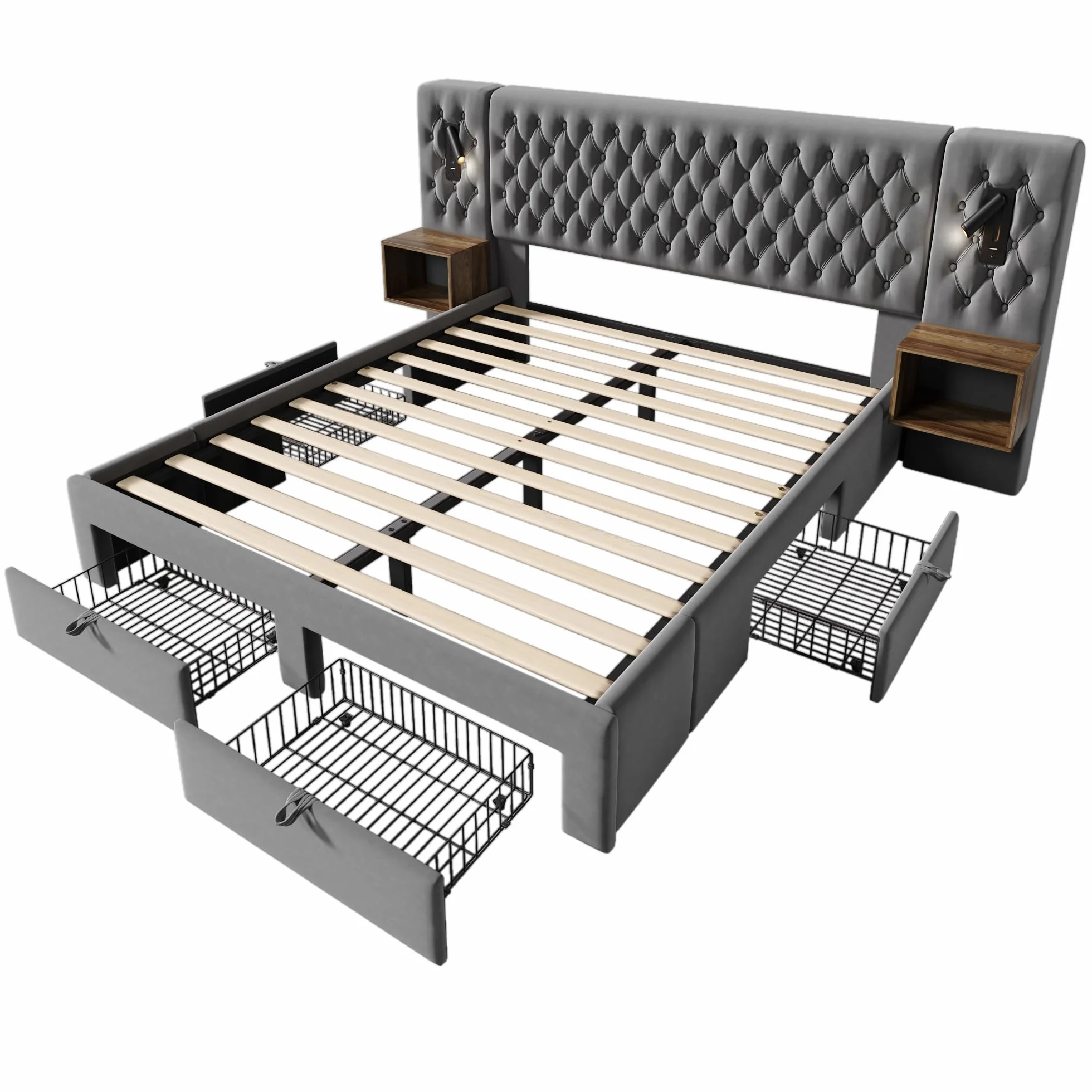 Set completo para dormitorio, cama tapizada matrimonial 180×200 cm con 2 mesitas de noche y 4 cajones, cabecero con luz de lectura y función de carga USB, en terciopelo, sin colchón