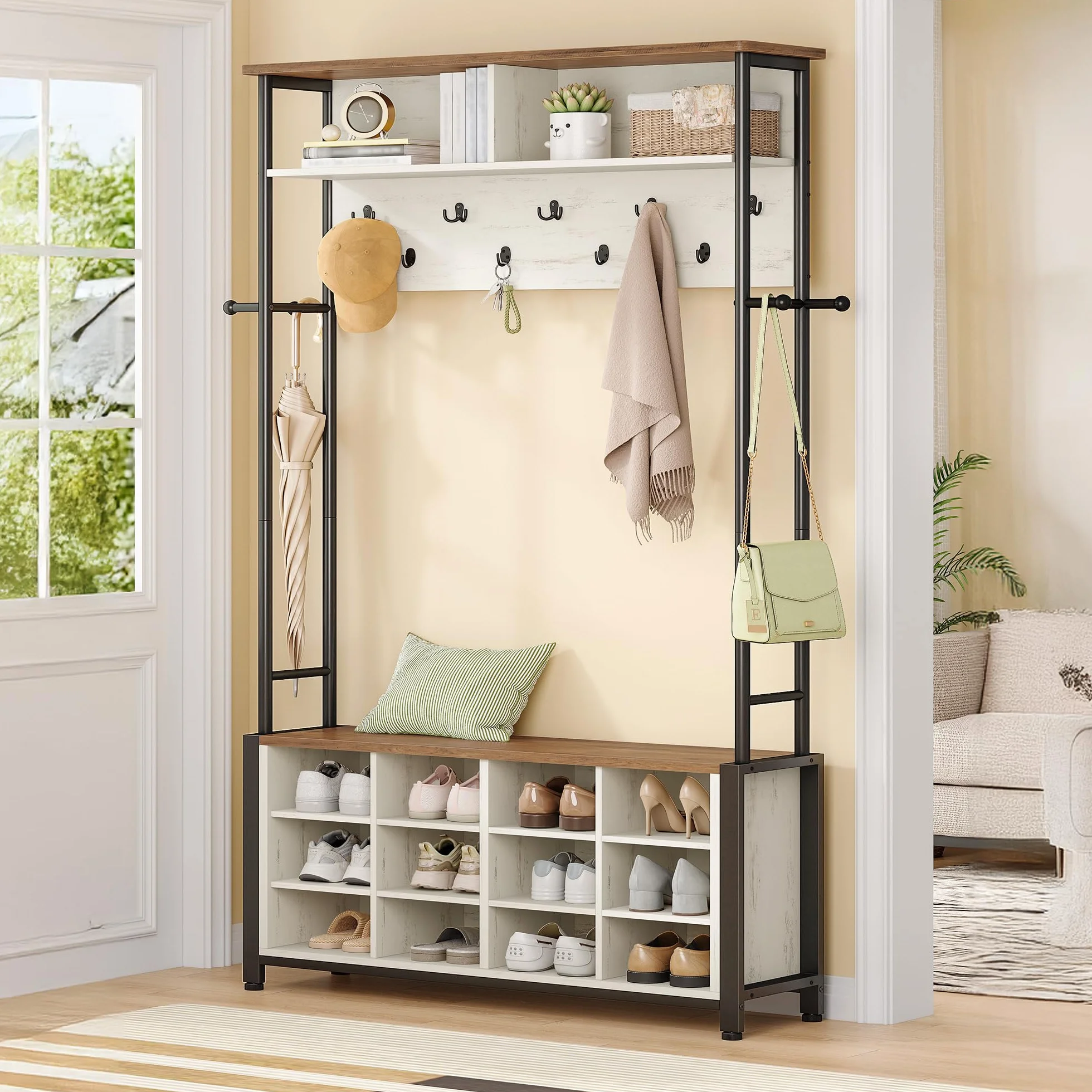 Hzuaneri Perchero Recibidor con Banco Zapatero con 12 Compartimentos, 13 Ganchos, 31 x 110 x 187 cm, Industrial, para Pasillo, Entrada, Marrón y Blanco HT17914B