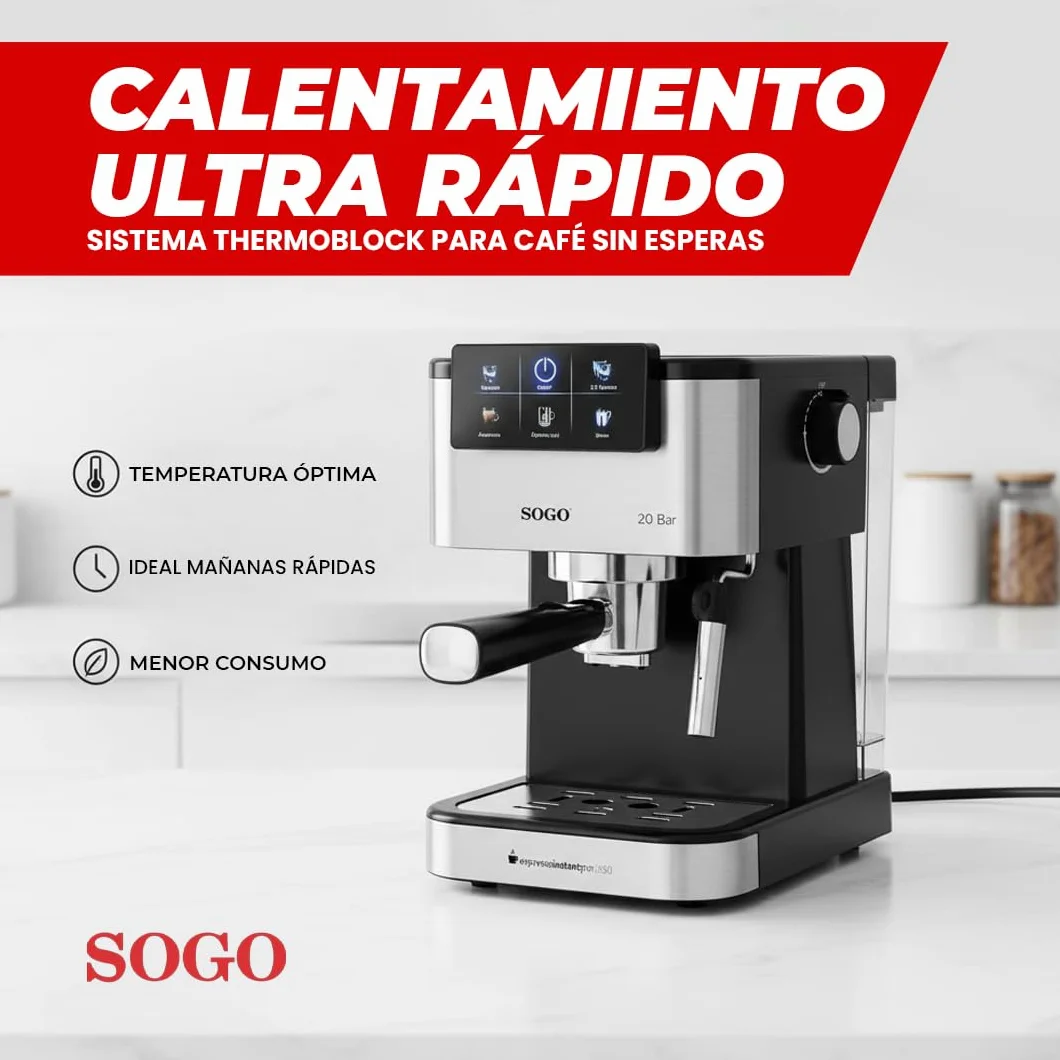 SOGO Máquina de Café Espresso 20 Bar con Pantalla Digital y Vaporizador de Leche – Cafetera para Café Molido y Cápsulas – Cafetera con Espuma Cremosa y Calentamiento Rápido – Limpieza Fácil