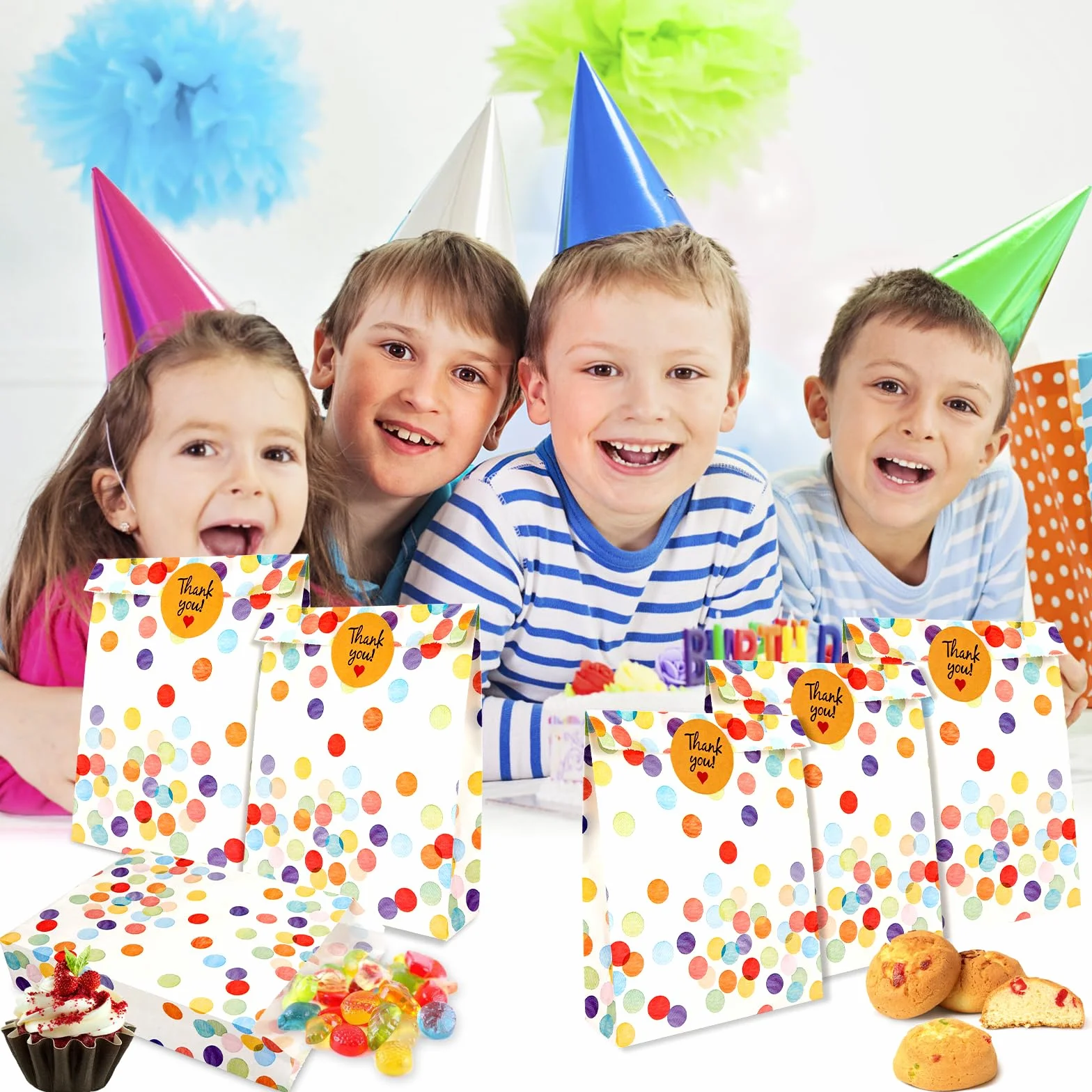 Bomtop 30 Bolsas Cumpleaños Infantil con 36 Pegatinas, Bolsas Chuches Galletas Cumpleaños, Bolsa de Regalo con Lunares de Colores para Envolver Regalos, Fiestas Infantil, Bodas, Navidad, Día del Niño