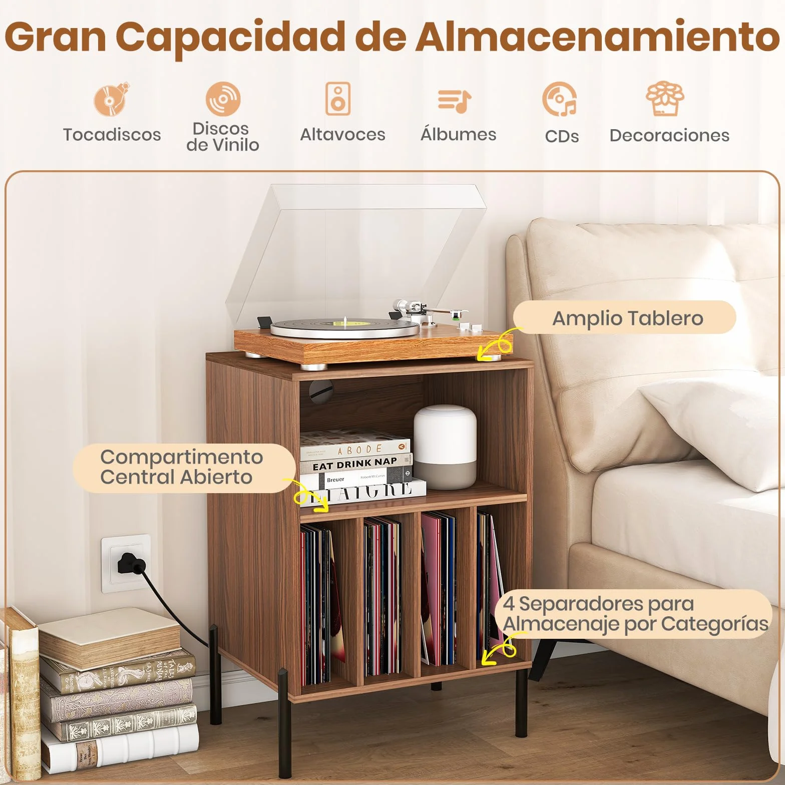 GIANTEX Mesa Auxiliar para Tocadiscos, 53x45x78.5 cm, Mesilla de Noche con Carga, 150 Discos, Marrón