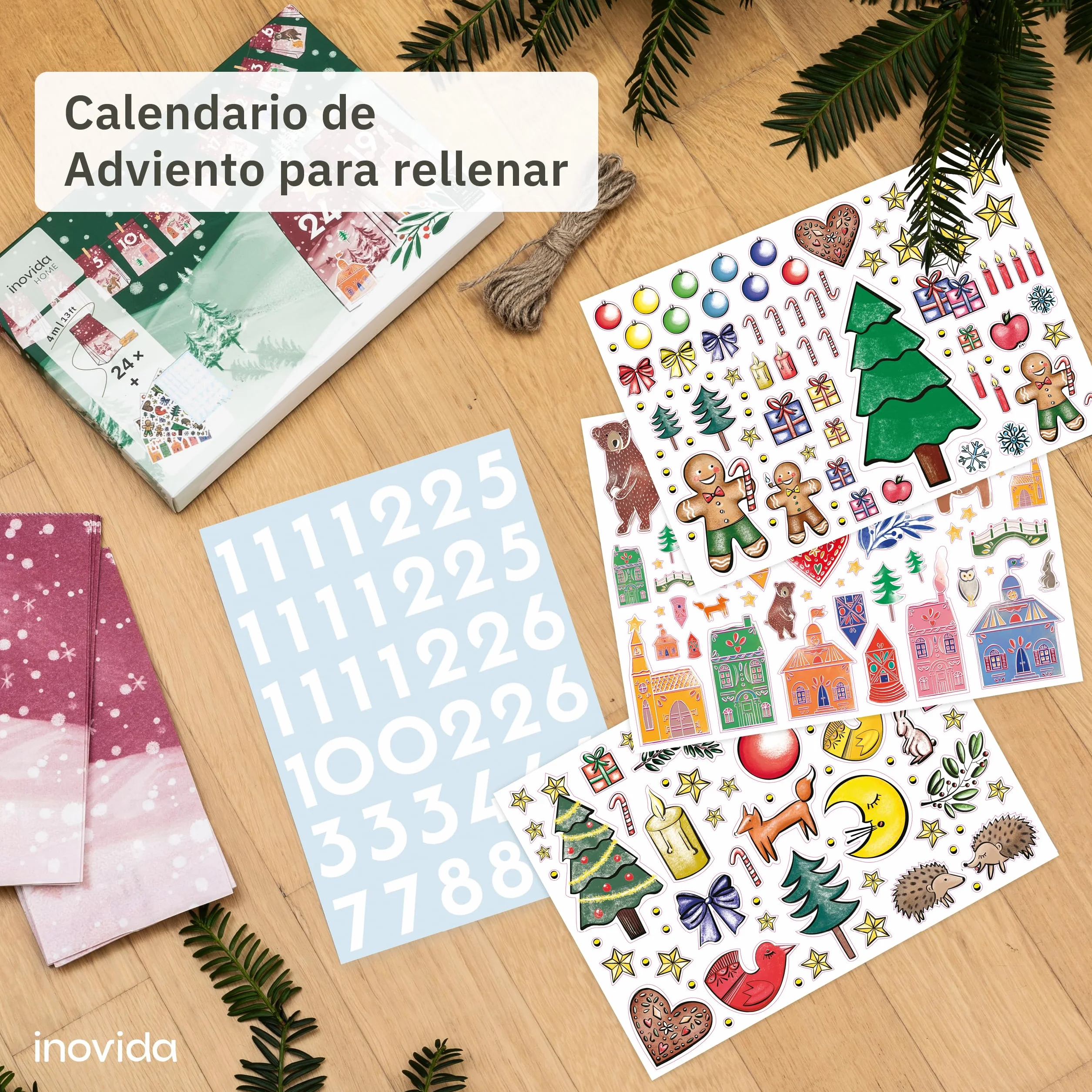 Calendario de Adviento 2025 para Rellenar DIY - Bolsas de Papel con Números Adhesivos Colgables - Inovida