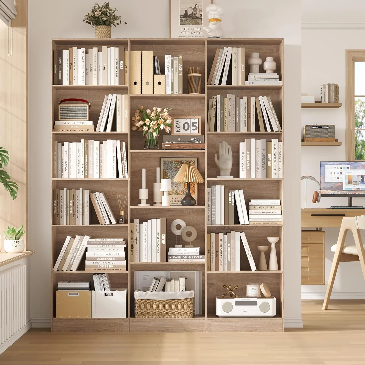 FirFurd 188cm Estantería Grande, Estanterías Almacenaje Madera, Librería, Estanterias para Libros, para Salón, Oficina y Estudio, 3 Filas, con 17 Compartimentos, 188 x 149 x 23,5 cm (Roble Claro)