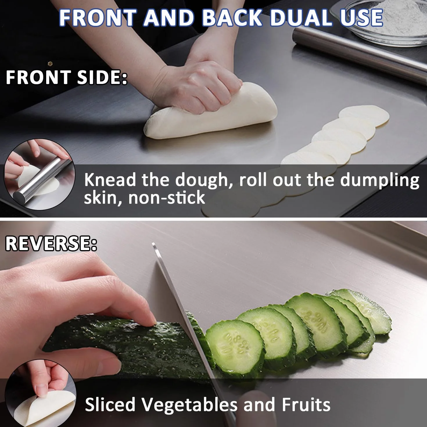 Tabla de Cortar Acero Inoxidable 50 x 50 cm, Tablas de Cocina con Borde de Parada, Uso a Doble Cara - Antibacteriana y Fácil de Limpiar, Stainless Steel Cutting Board para Carne, Frutas, Verduras, Pan