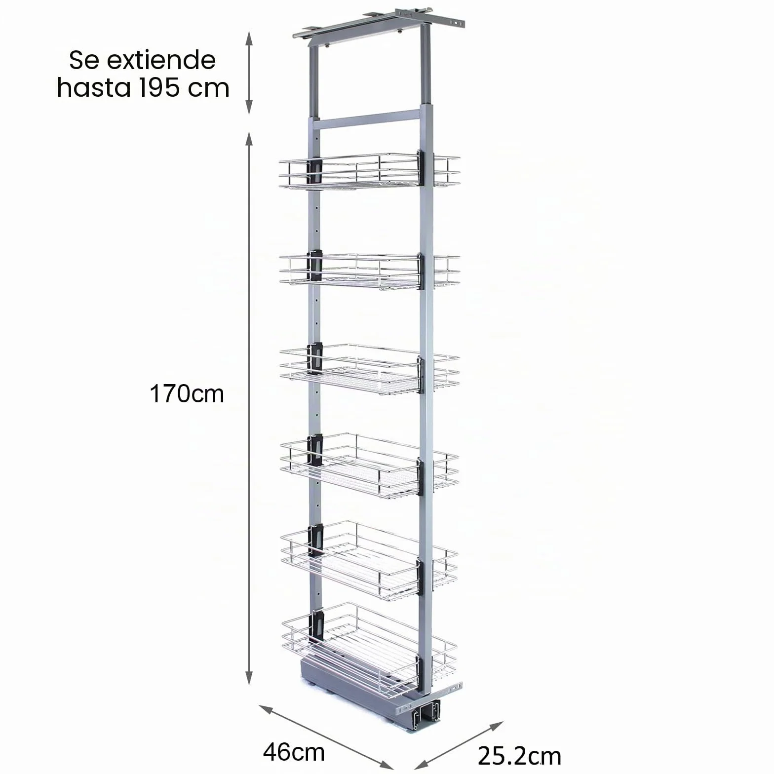 KUKOO - Columna Despensero Extraíble de Cocina en Acero Inoxidable con 6 Cestos 46cm x 25,2cm x 170-195cm