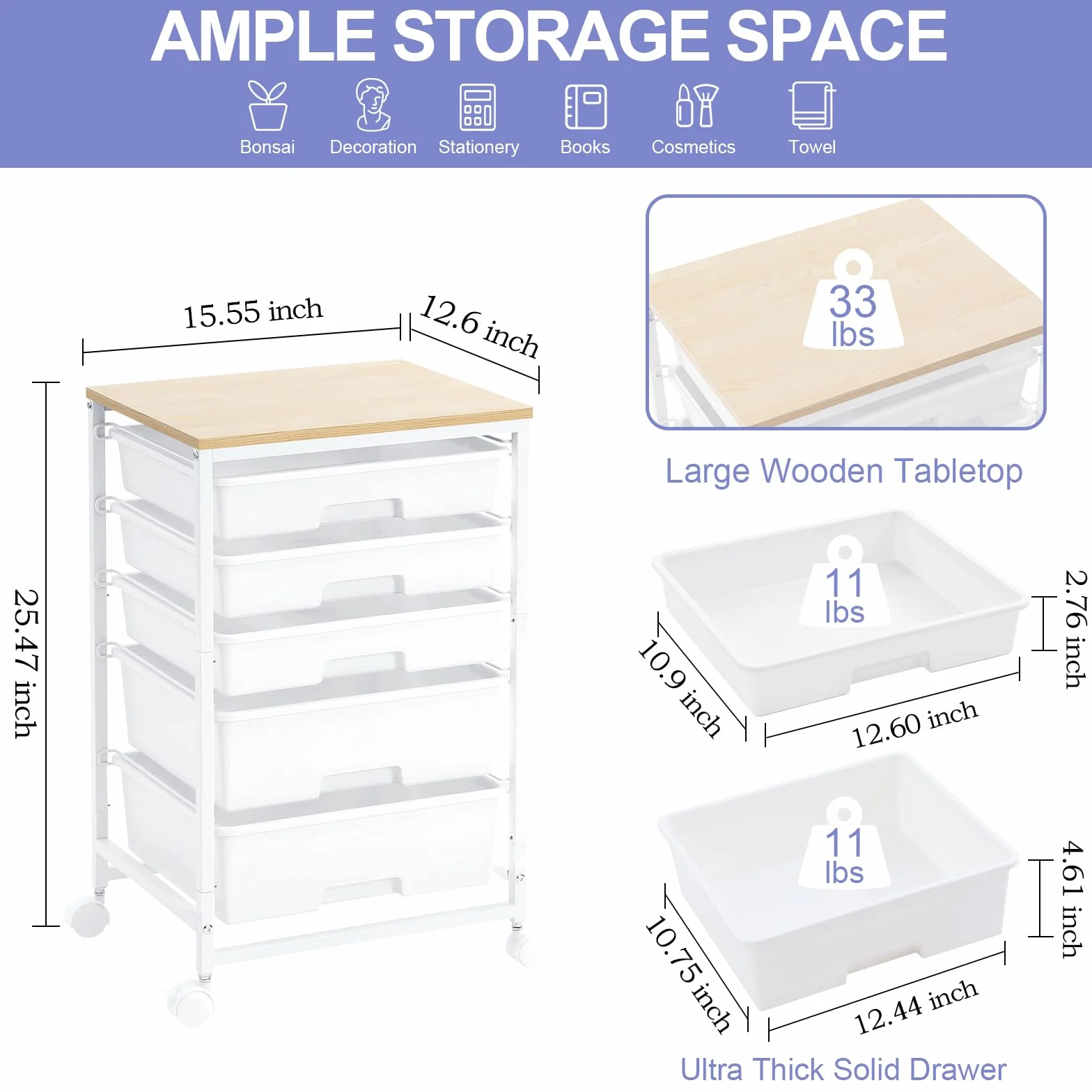 SYKIARIOL Carrito utilitario con 5 cajones, carrito de almacenamiento con mesa de madera y ruedas bloqueables, carrito de almacenamiento de manualidades, carrito de utilidad rodante de 5 niveles con