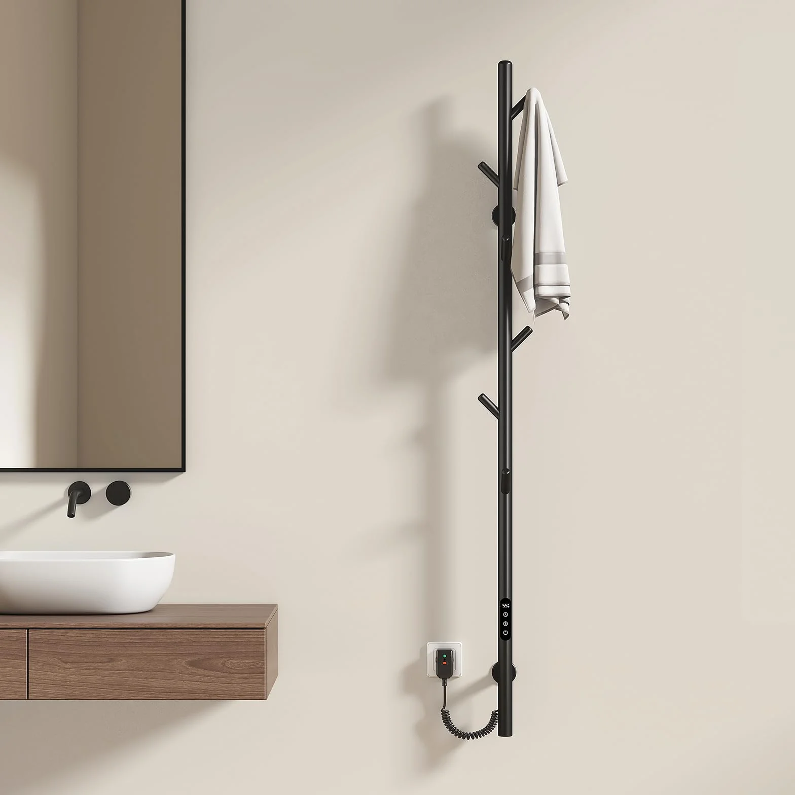 EMKE Toallero Eléctrico de baño, Diseño de toallero eléctrico con Barra, Control de Temperatura Inteligente, toallero Calefactor con 6 Ganchos, Negro