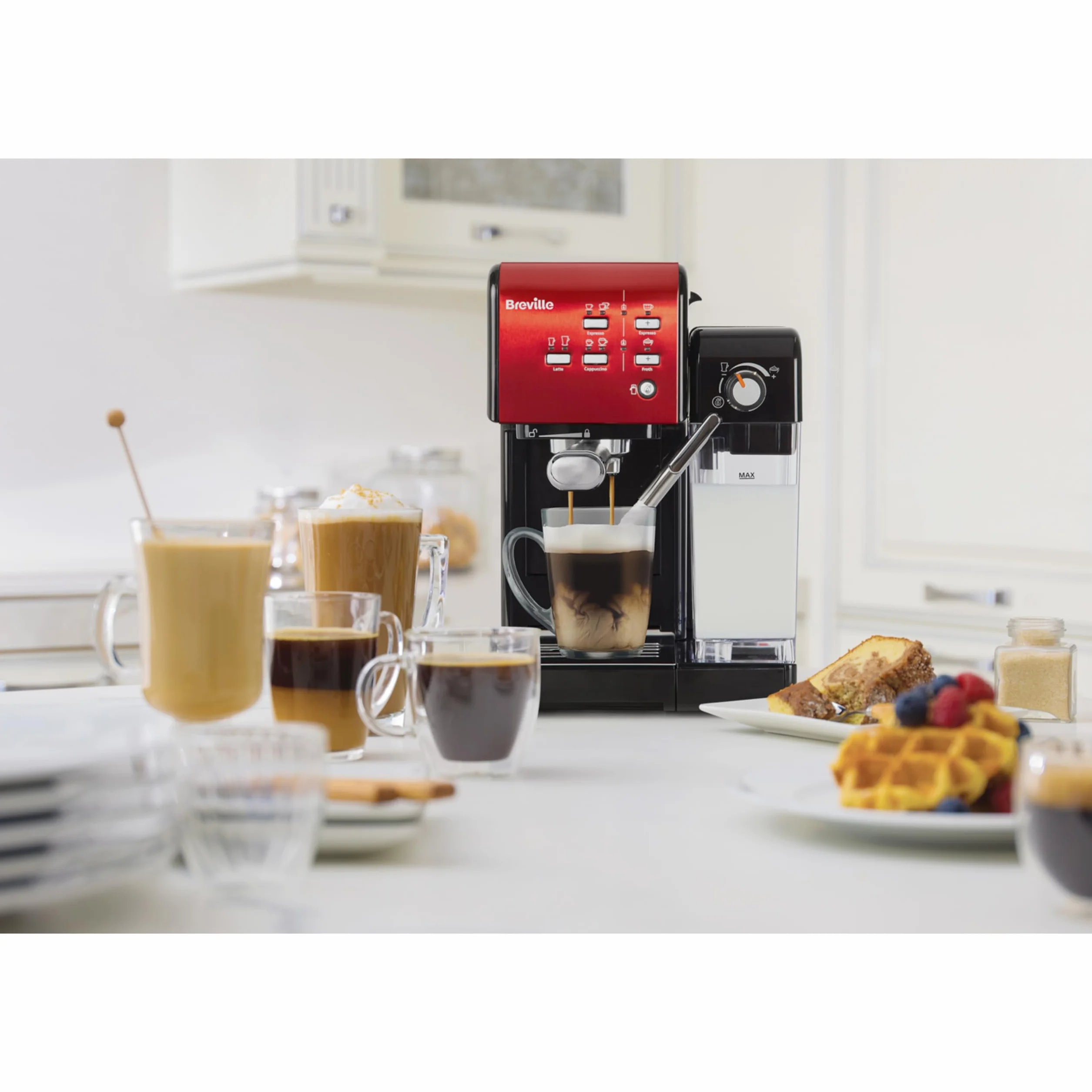 Breville Prima Latte II Espresso | Cafetera para latte y capuchino | Bomba profesional de 15 bares y espumador | Rojo [VCF109X]