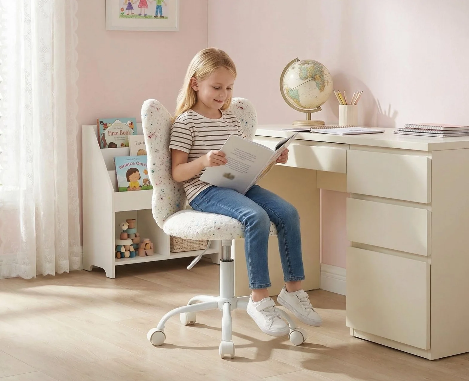chairus Silla de Escritorio Infantil de Lana Sintética Silla Giratorio de Estudio con Forma de Mariposa, Silla Estudiante Habitación con Ruedas Silenciosas para Niños/Juvenil, Blanco
