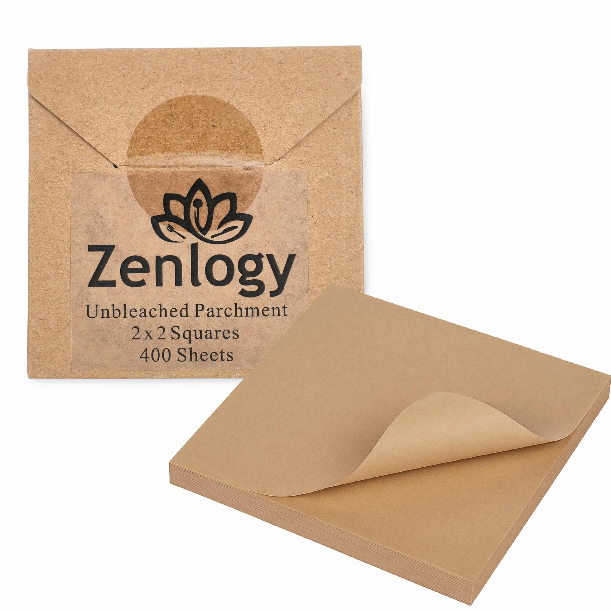 Zenlogy Cuadrados de papel pergamino 2x2, 400 hojas, sin blanquear, precortados | Antiadherente, seguro para el calor de 232.2 °C, pintura de diamantes, congelación y almacenamiento, certificado Kosher