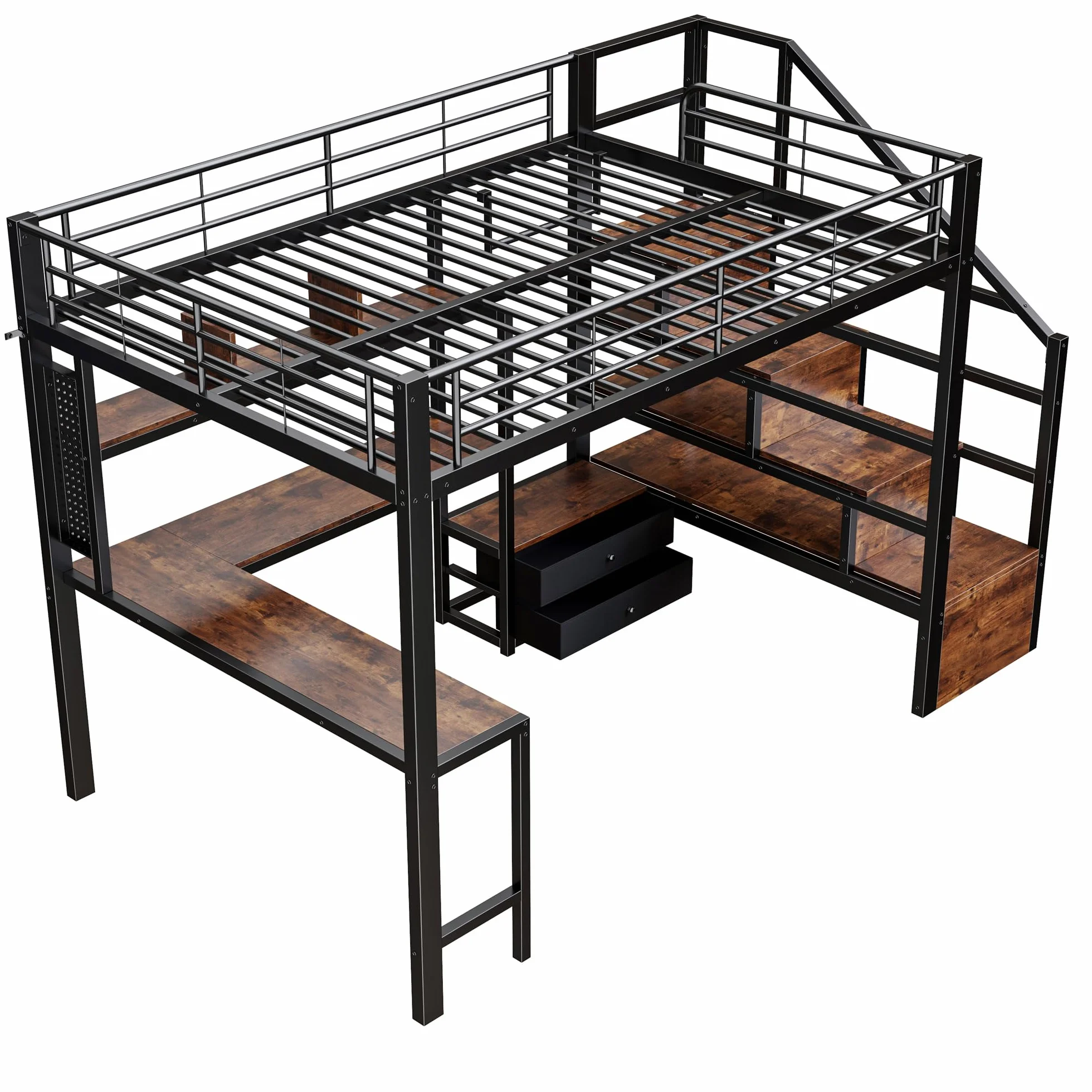 Cama alta de hierro 140 x 200 con luces LED, escritorio, 2 cajones, rejilla para colgar, litera para niños con escalera de almacenamiento, estructura de cama individual, color negro