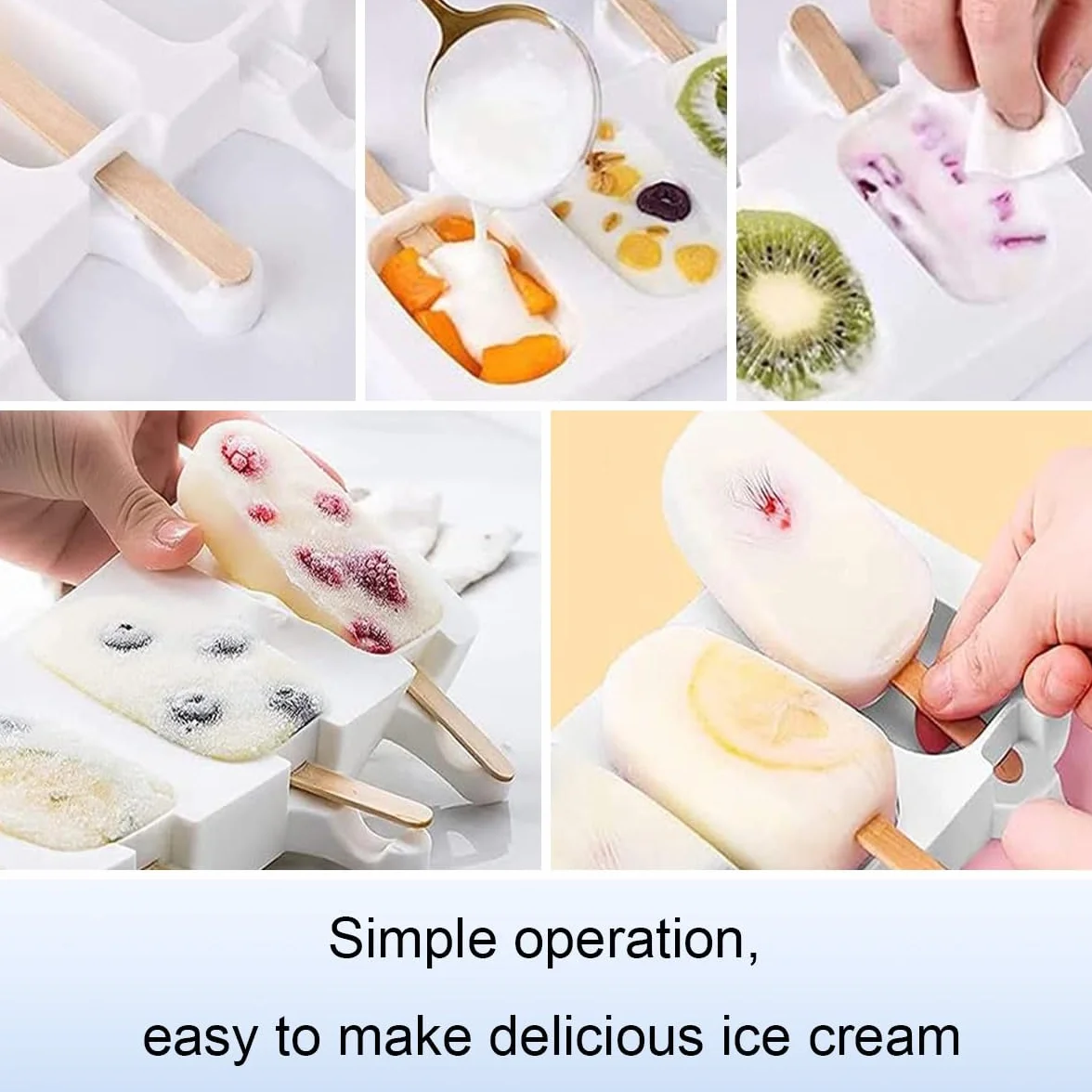 Moldes Helados Silicona sin BPA, 3 Piezas, con 100 Palos de Madera, Bolsas y Tiras