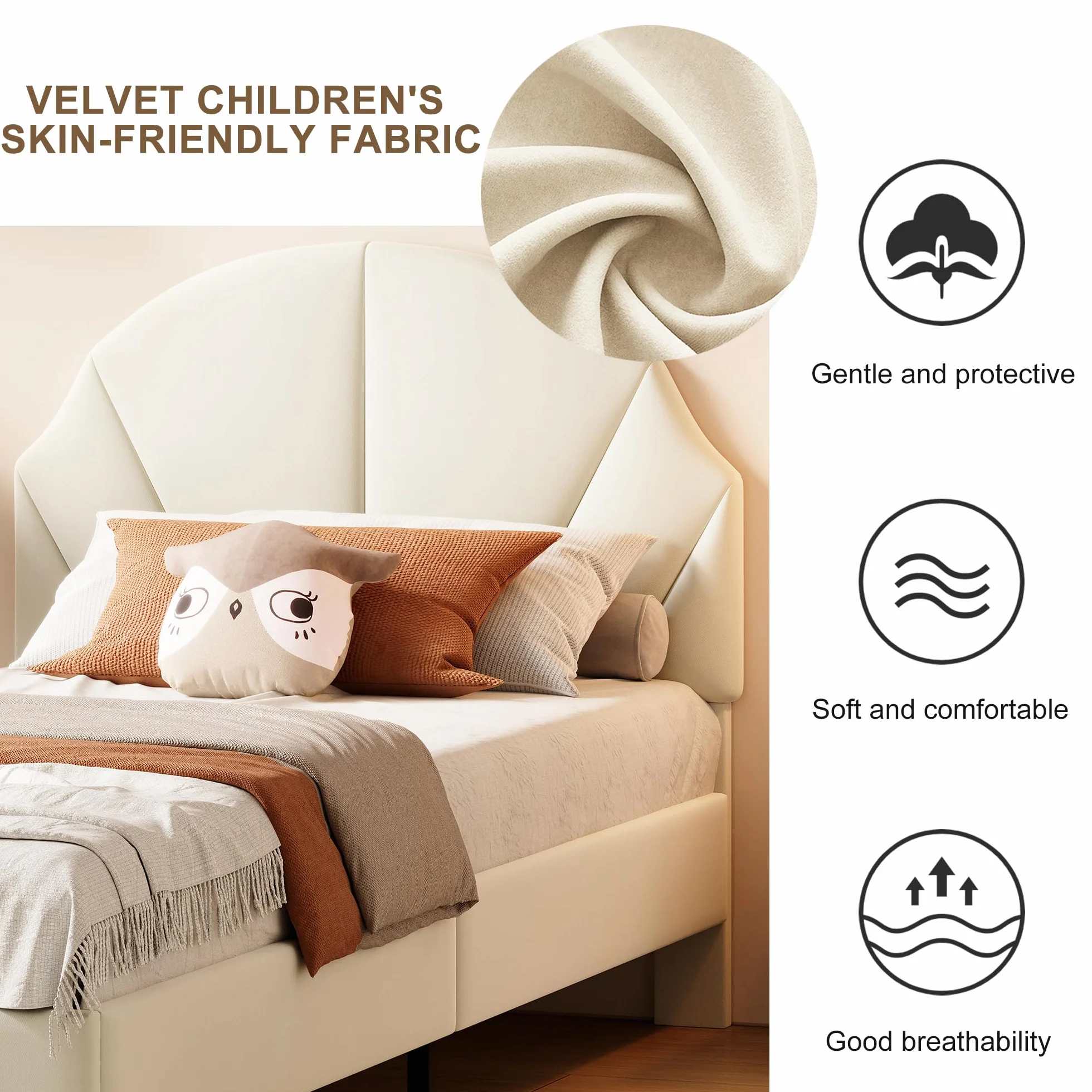 Cama infantil acolchada 90 x 200 cm, cama individual con somier y cabecero ajustable, cama juvenil, cama tapizada para niñas y niños, sin colchón, terciopelo, beige