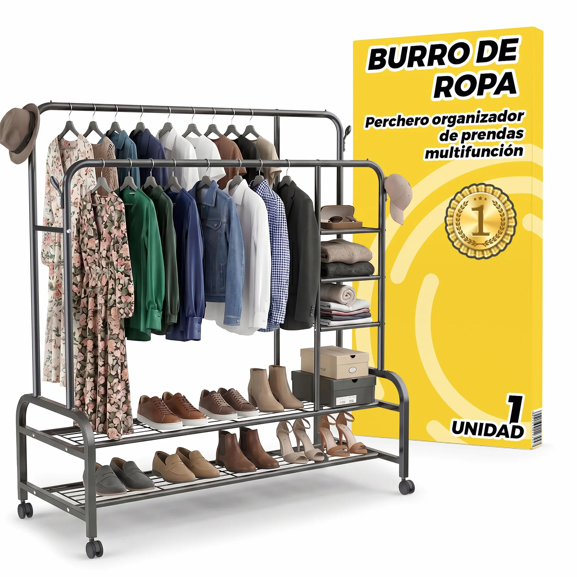 Burro de Ropa Resistente 150 cm con Doble Barra y Zapatero - Perchero de Pie con Ruedas 360 Armario Abierto Multifunción para Vestidor y Dormitorio Antideformación - Acero Negro