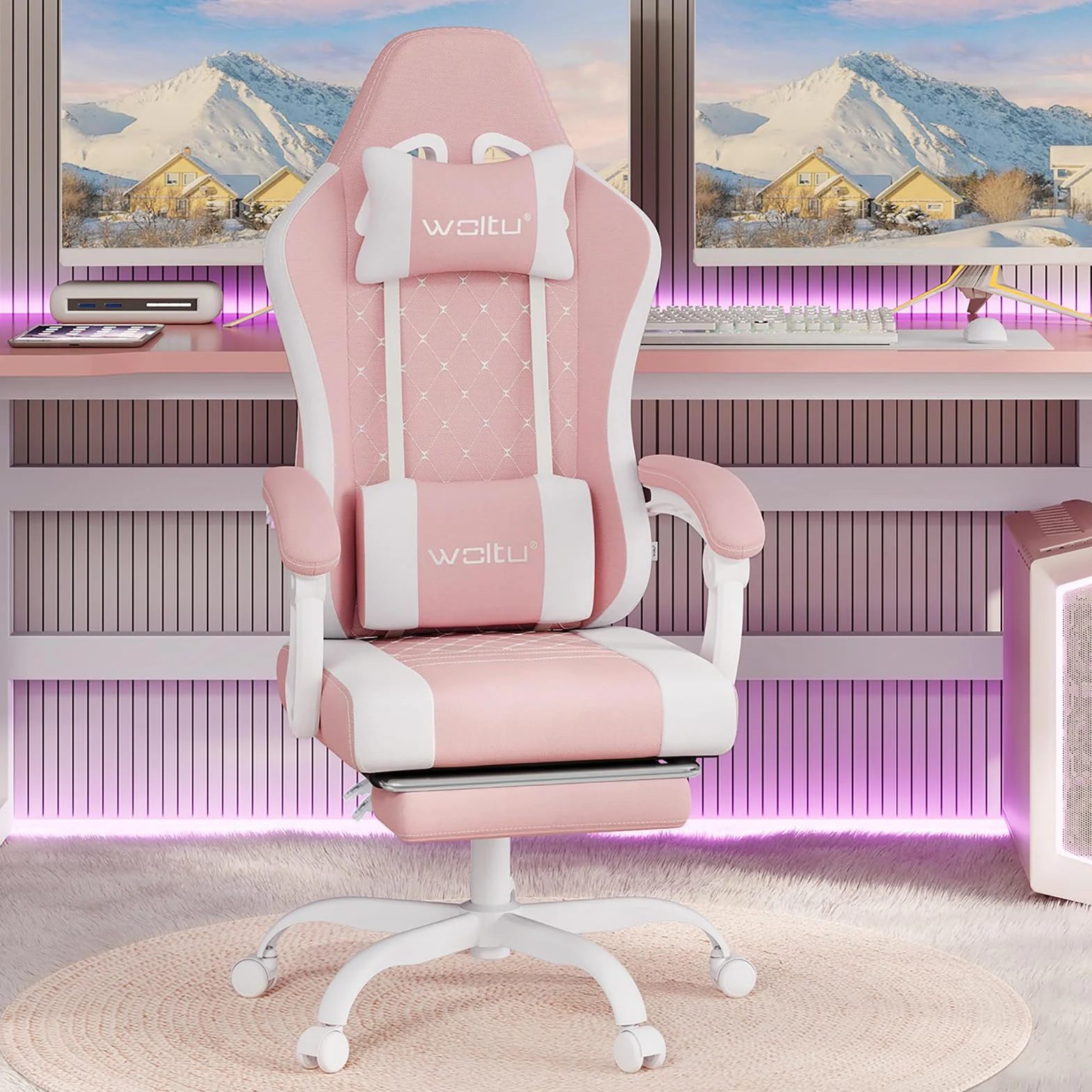 WOLTU Silla de Gaming Ergonómica, Soporte Lumbar Masaje, Reposapiés Extraíble, 150 kg, Malla, Rosa+Blanco