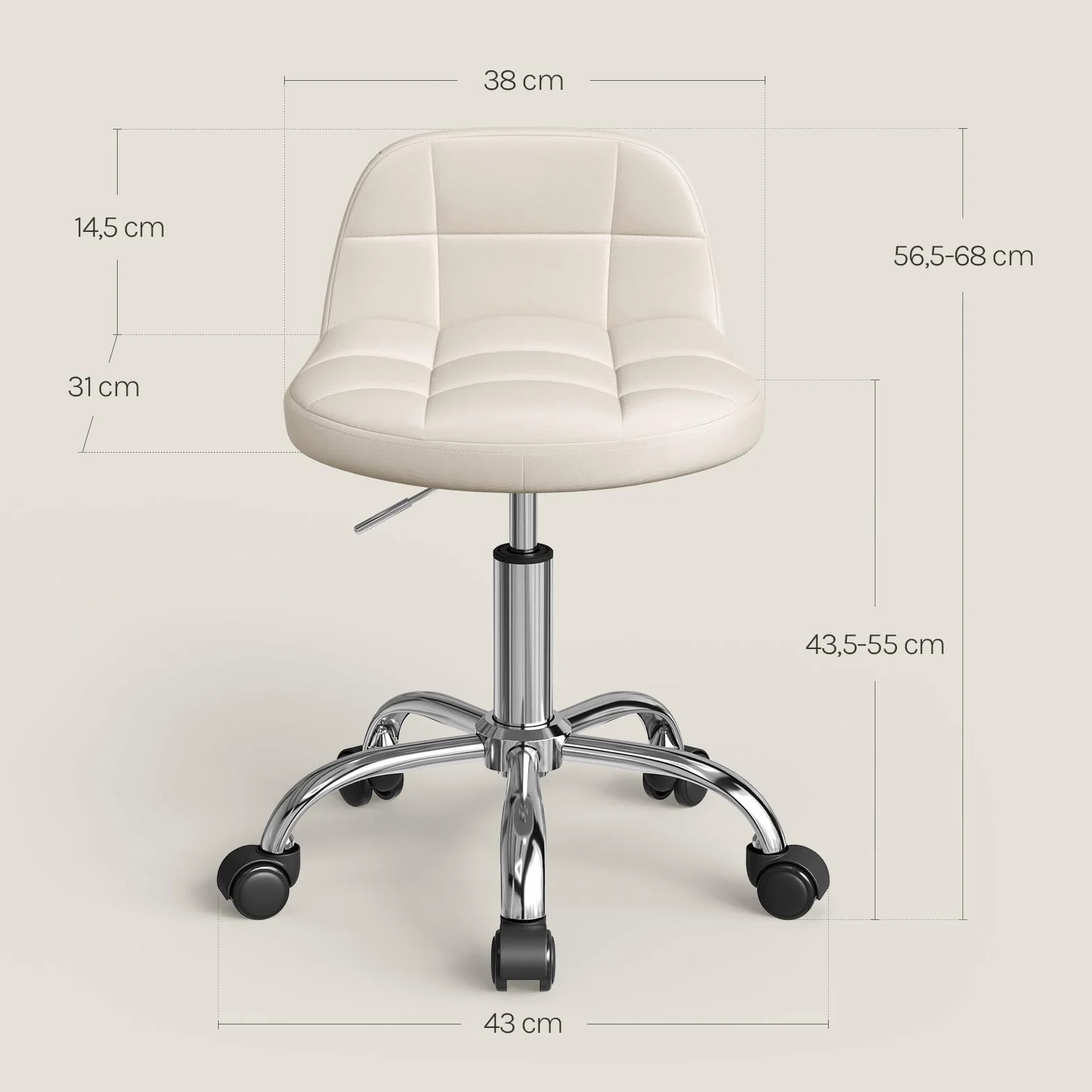 WOLTU Silla de Tocador Terciopelo, Taburete Giratorio con Respaldo Bajo, Altura Regulable 43,5-55 cm, Estructura Metálica Crema