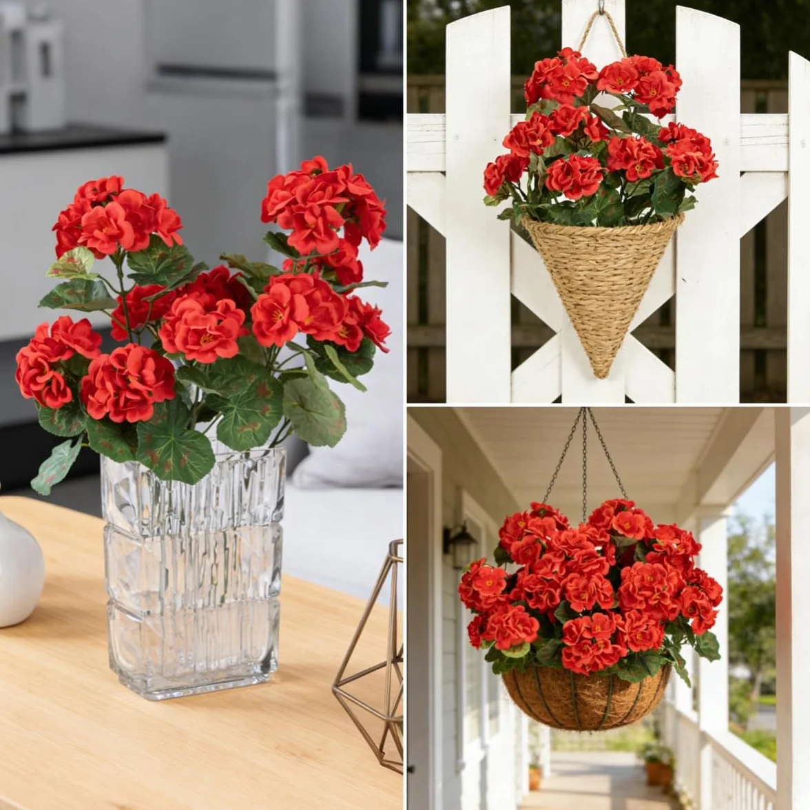 Geranios Artificiales Exterior Laelfe 4 Ramos Flores Decoracion Hogar Balcón Jardin Patio Maceta Colgante Rojo