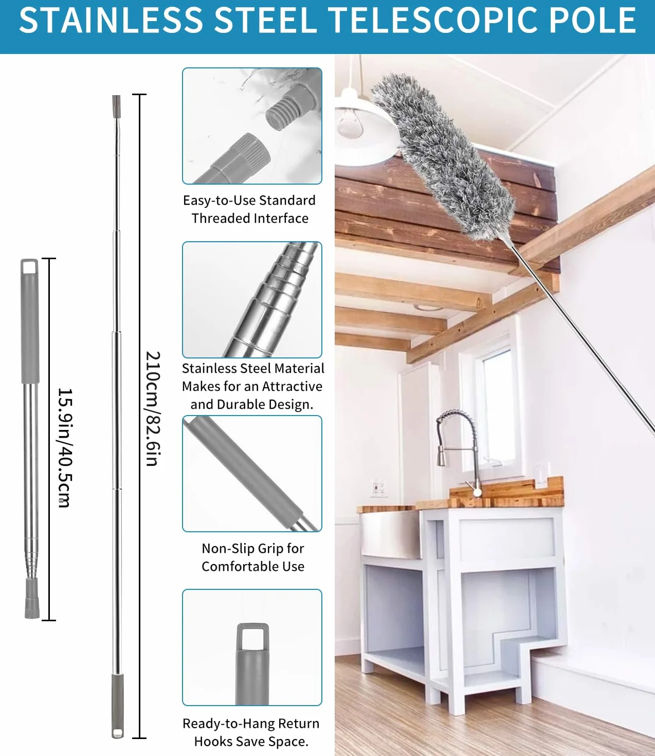 Plumero Telescopico Extensible Microfibra 27-256 cm, Plumeros Atrapapolvo para Techo Persianas Muebles