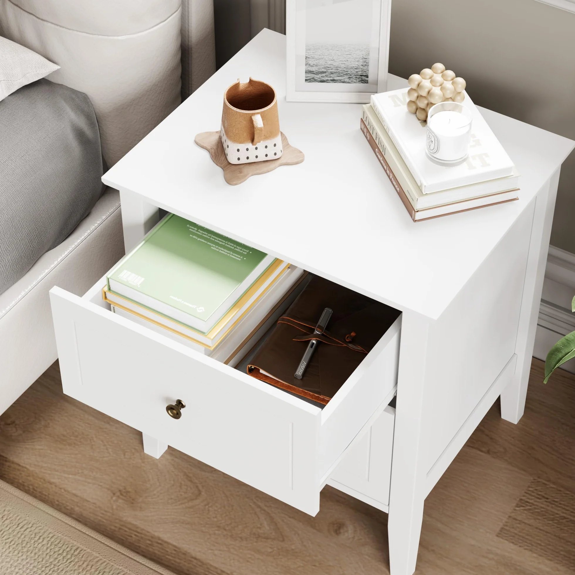 FOREHILL Mesitas de Noche Pack 2 Blanca, Mesillas de Noche con 2 Cajones, Mesitas de Noche Dormitorio, Mesas de Noche, Moderno, Madera, 50x40x55,5cm