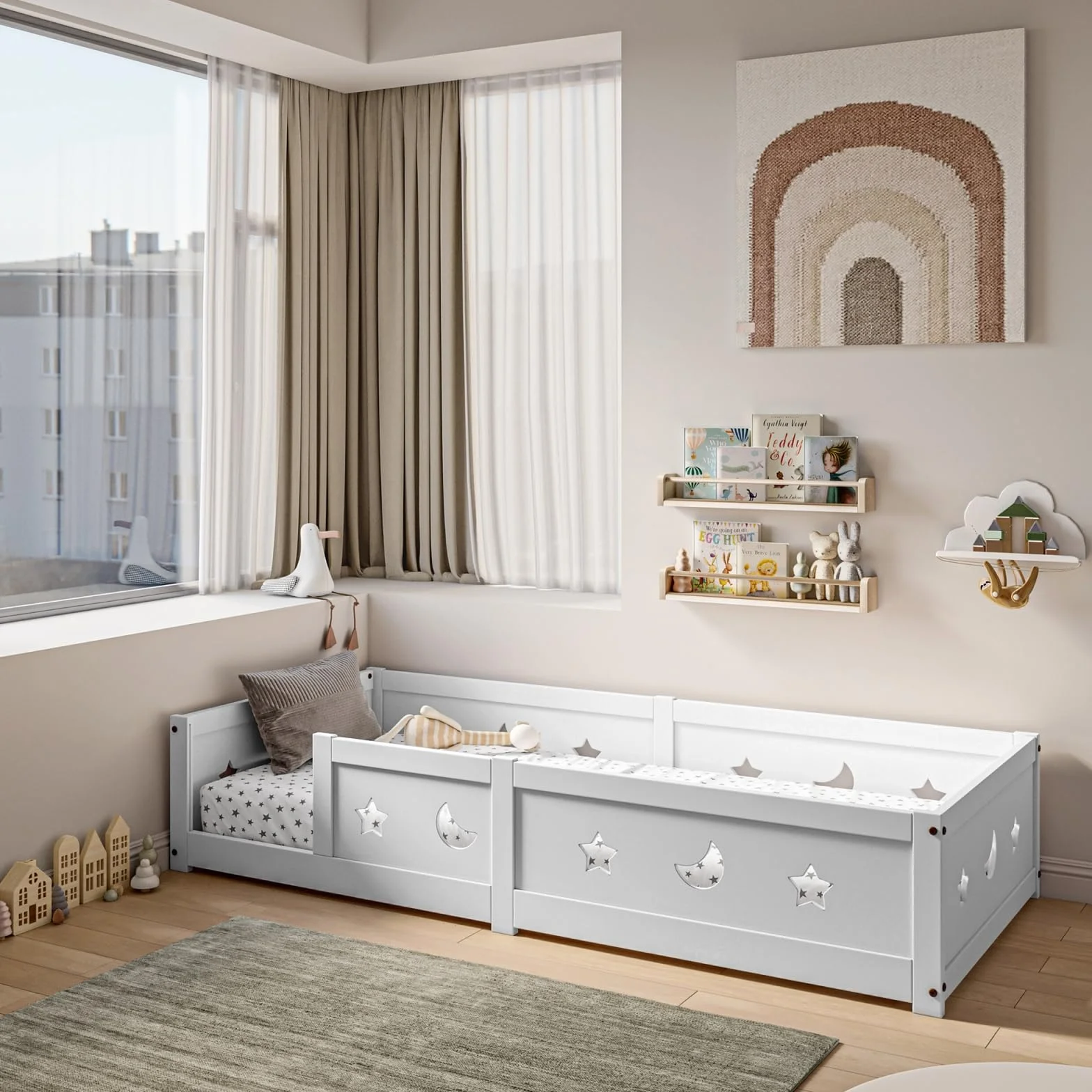 Cama en el suelo para bebé, 90 x 200 cm, cama en el suelo de inspiración Montessori, camas infantiles de madera con barrera de seguridad y somier de láminas, camas individuales para niños y