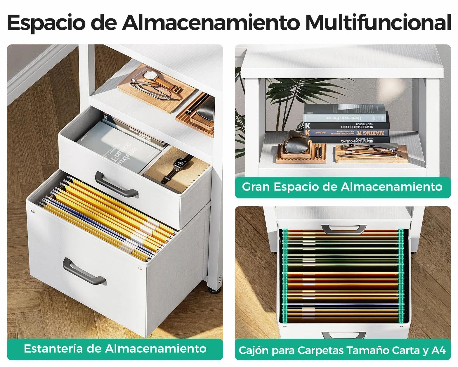 Coleshome Escritorio Esquinero con Cajones de Tela, 140x80cm Reversible Escritorio en L con Cajón para Archivos, Mesa Escritorio para con Puerto de Carga USB y Toma de Corriente, Blanco