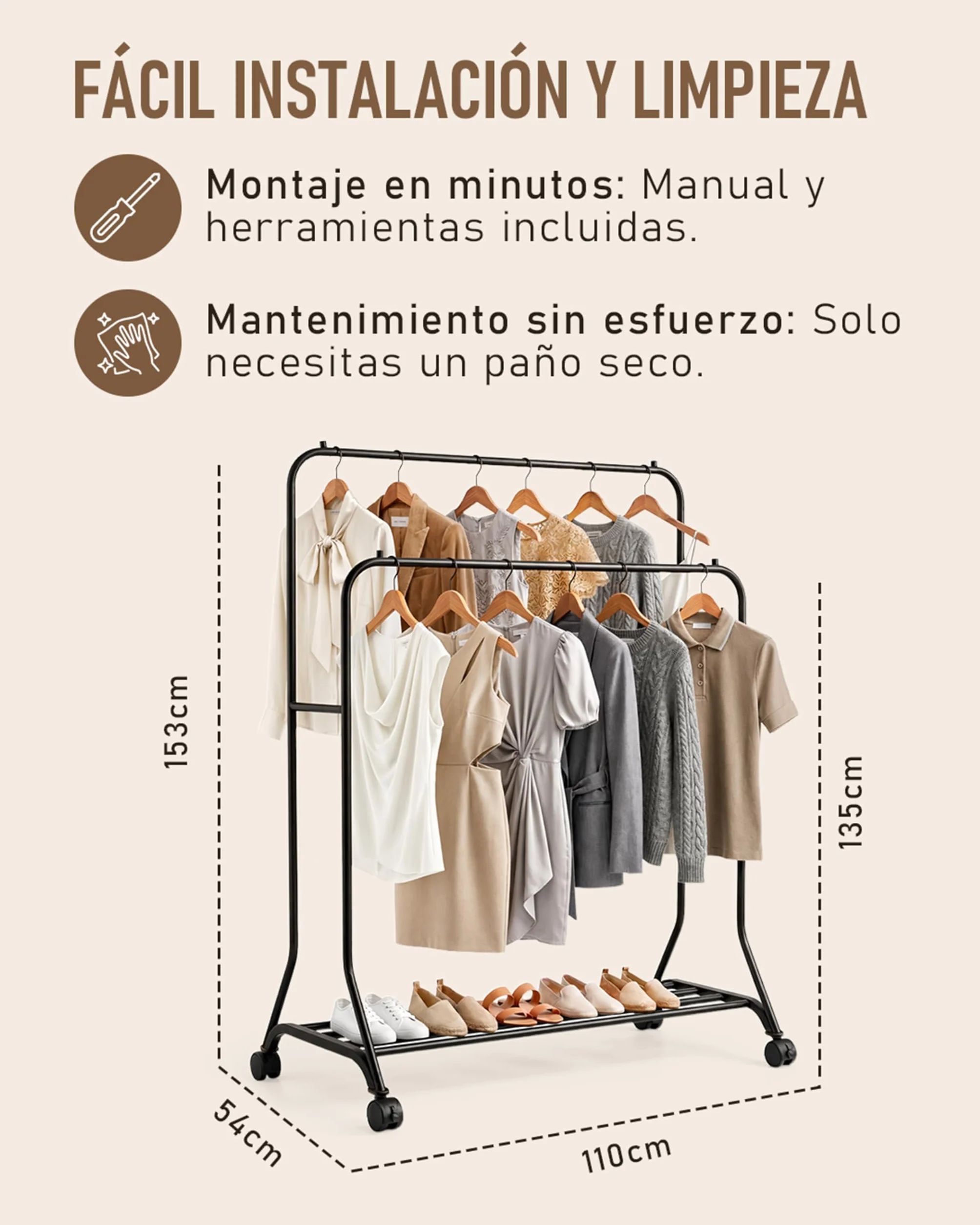 Perchero Metálico para Ropa con Ruedas 2 Niveles y Base Inferior Negro
