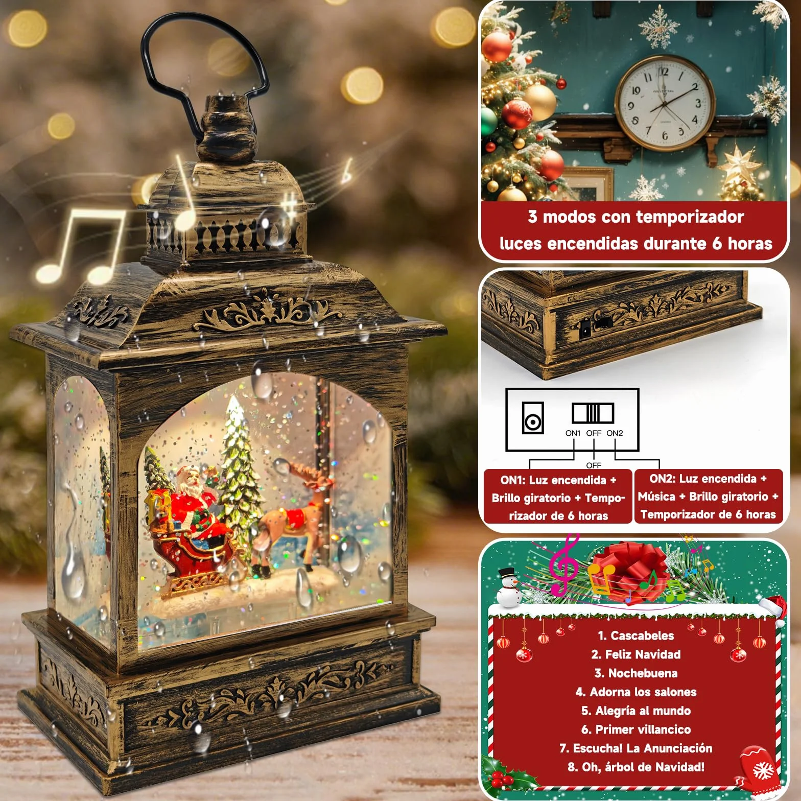 Globos de Nieve Navideños Musicales YYKY con Escena de Papá Noel, Linternas Navideñas Giratorias Luminoso 8 Canciones LED