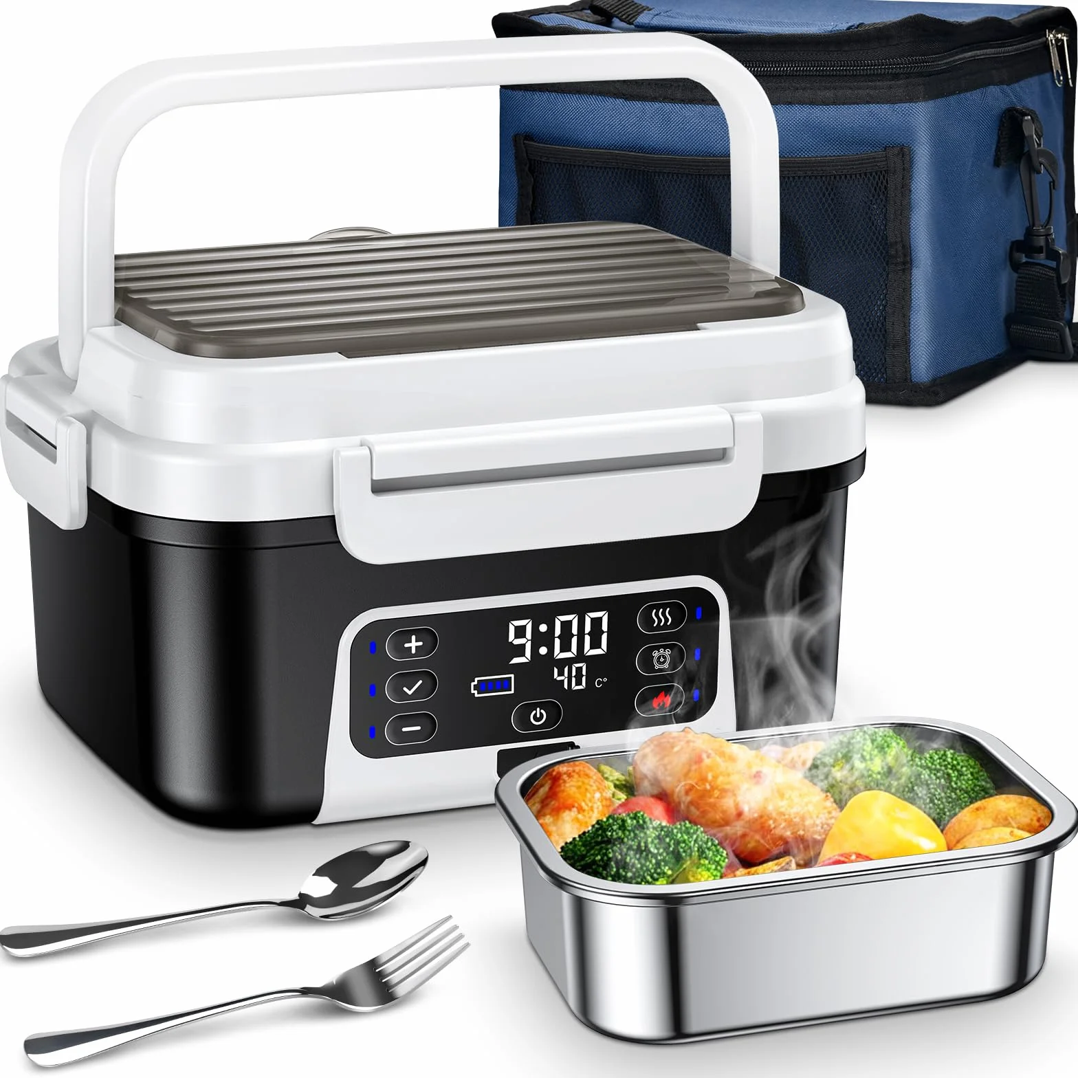 Fiambrera Eléctrica Inalámbrica, Taper Electrico para Comida con Calentamiento Programado, Para Oficina, Obra, Cámping, Coche, Lunch Box Adultos de 1,5 L| Fiambreras Comida Trabajo con batería