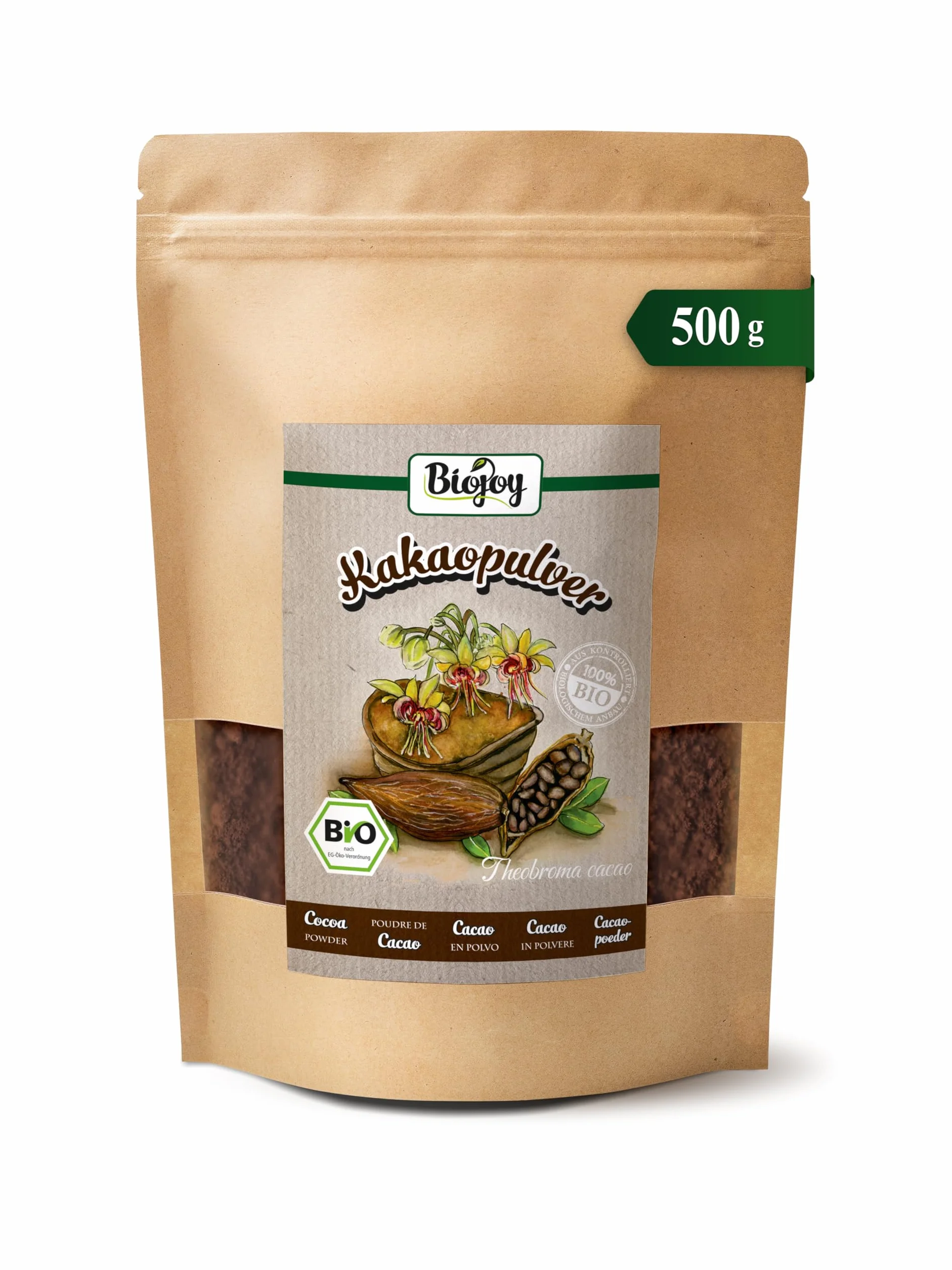 Biojoy Cacao en Polvo Ecológico 500 g, natural sin azúcares añadidos