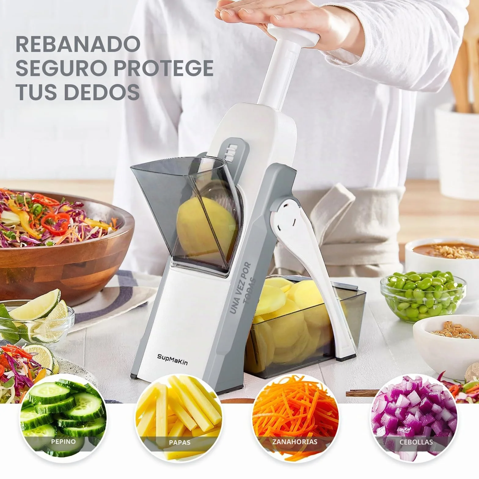 ONCE FOR ALL's Cortador de Verdura seguro, Multifuncional de Mandolina de Cocina Manual, Cuchillas de acero construidas, Artefacto de picar cocina para patata, Para el Chef y el Hogar (Gris)