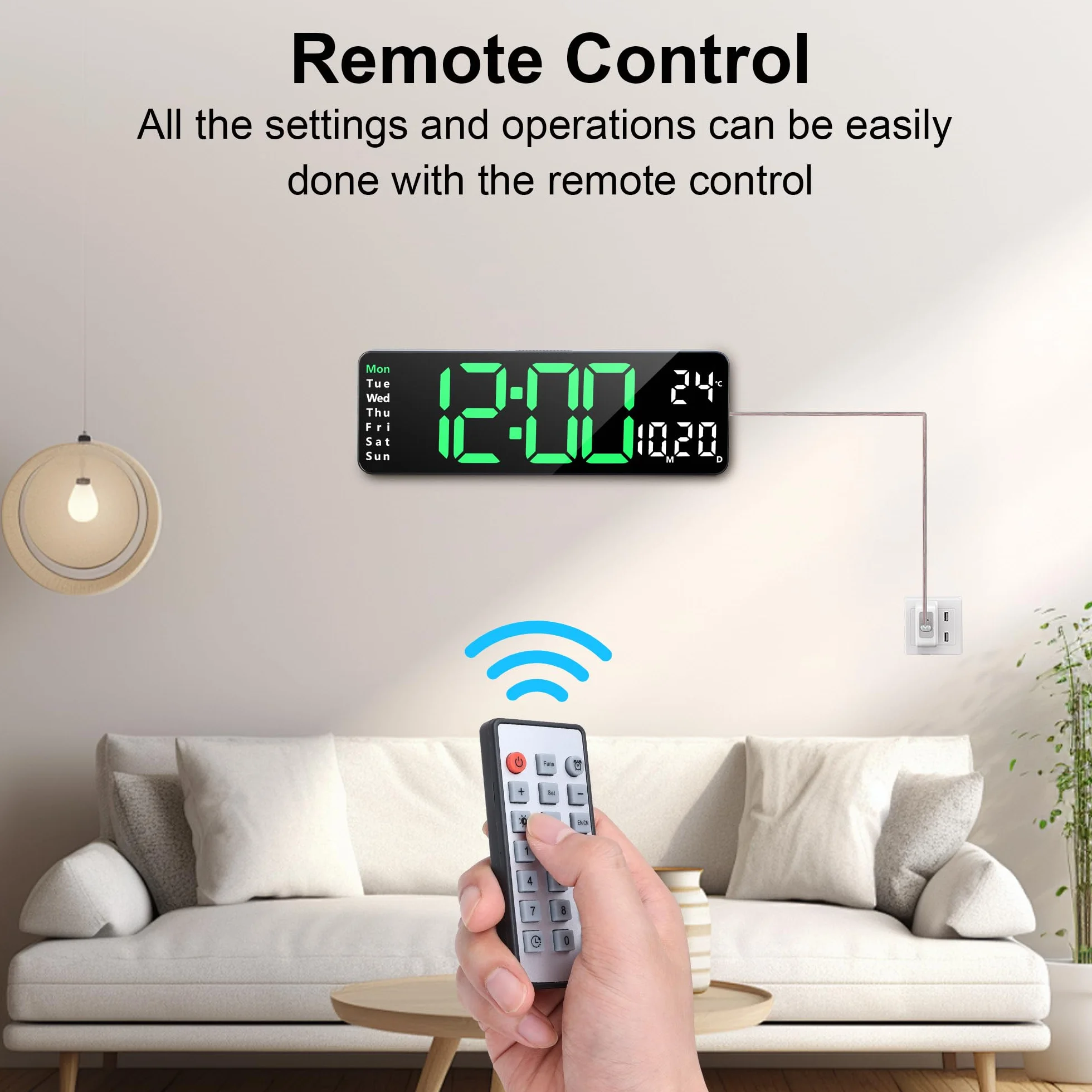 Reloj Digital Pared LED Grande 32cm Silencioso con Control Remoto Temperatura Fecha 2 Alarmas Brillo Ajustable 12/24 Horas Verde